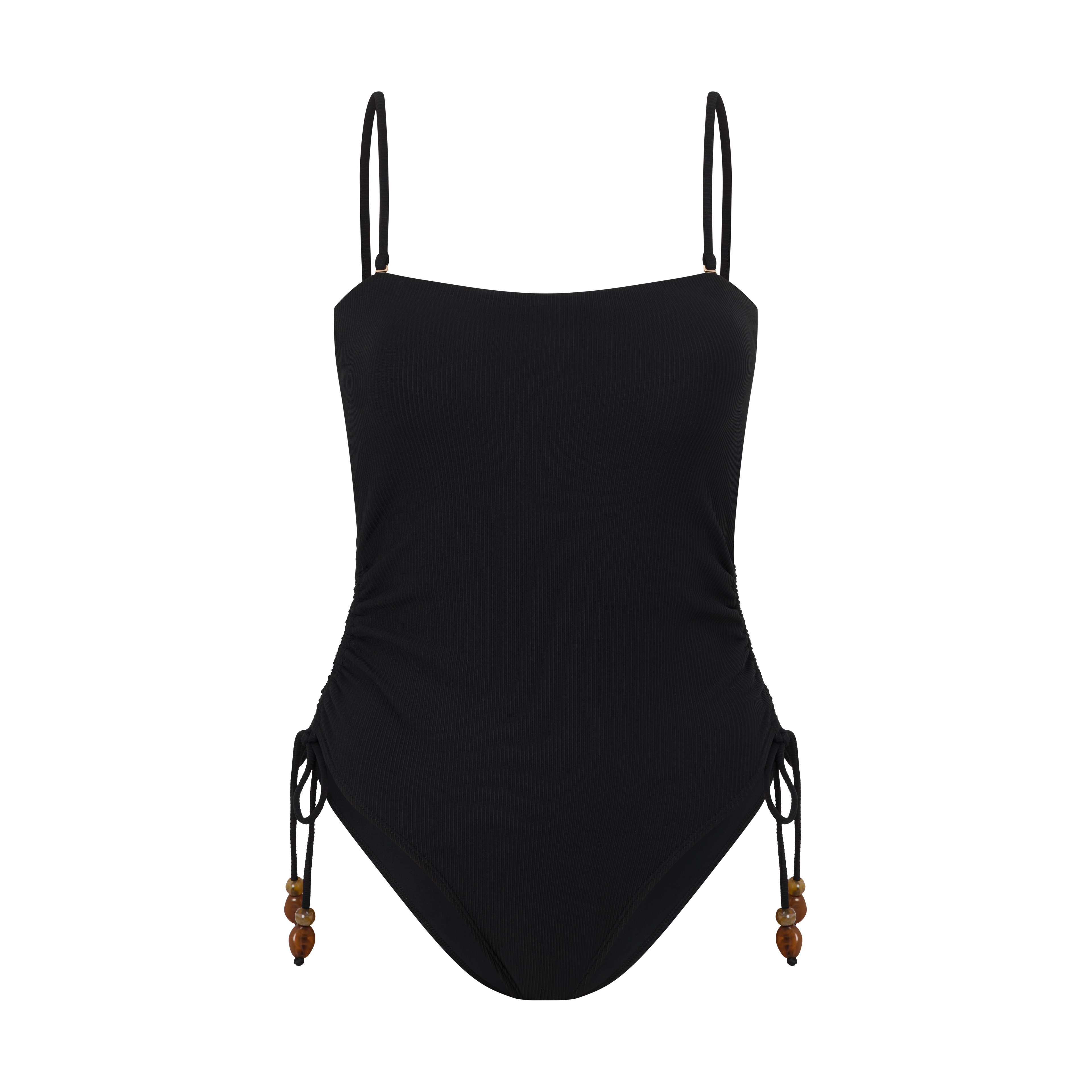 Women’s ribbed one piece in black with side tie beads – swimwear