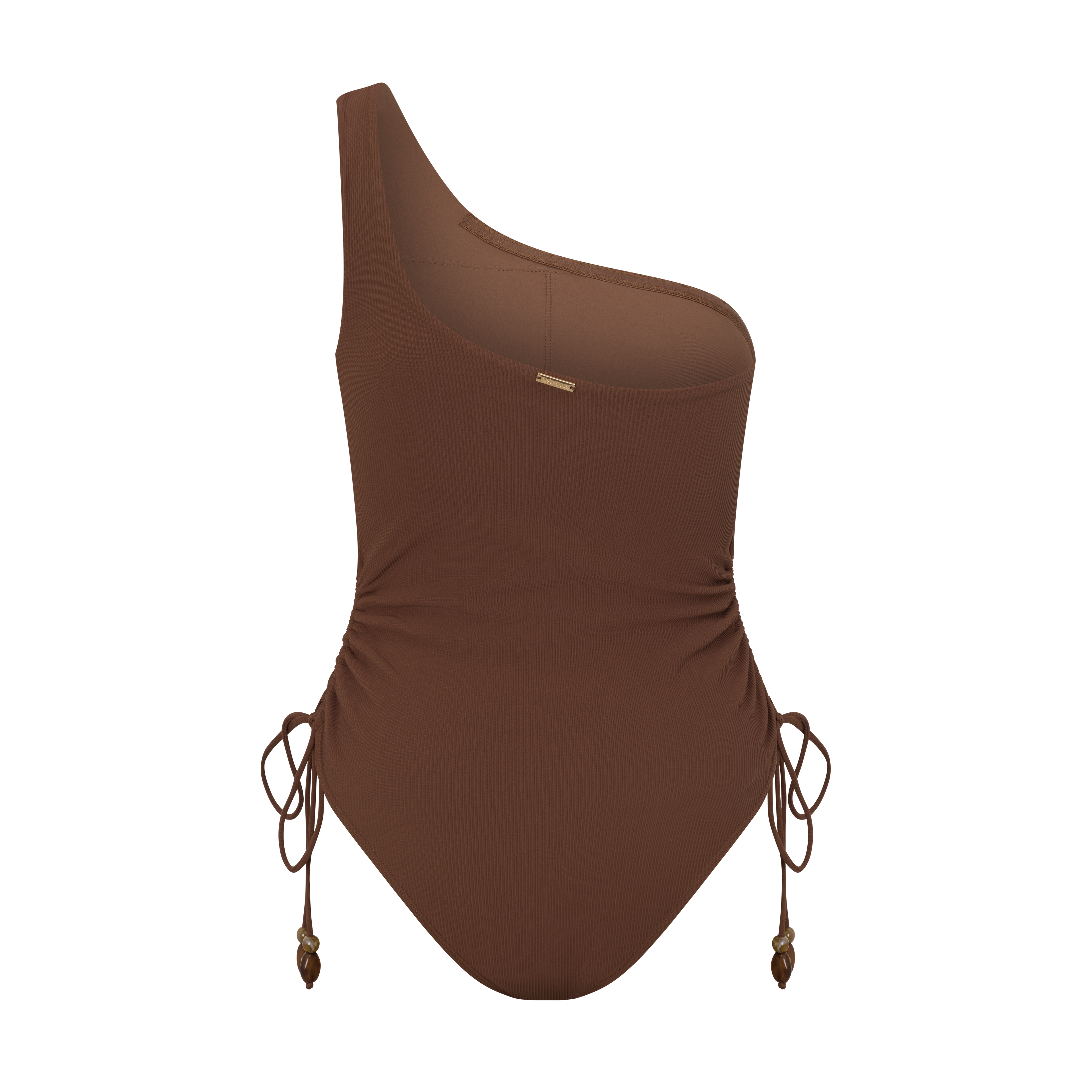 Women’s one shoulder swimsuit in choc rib fabric, medium coverage with contouring ruching detail back
