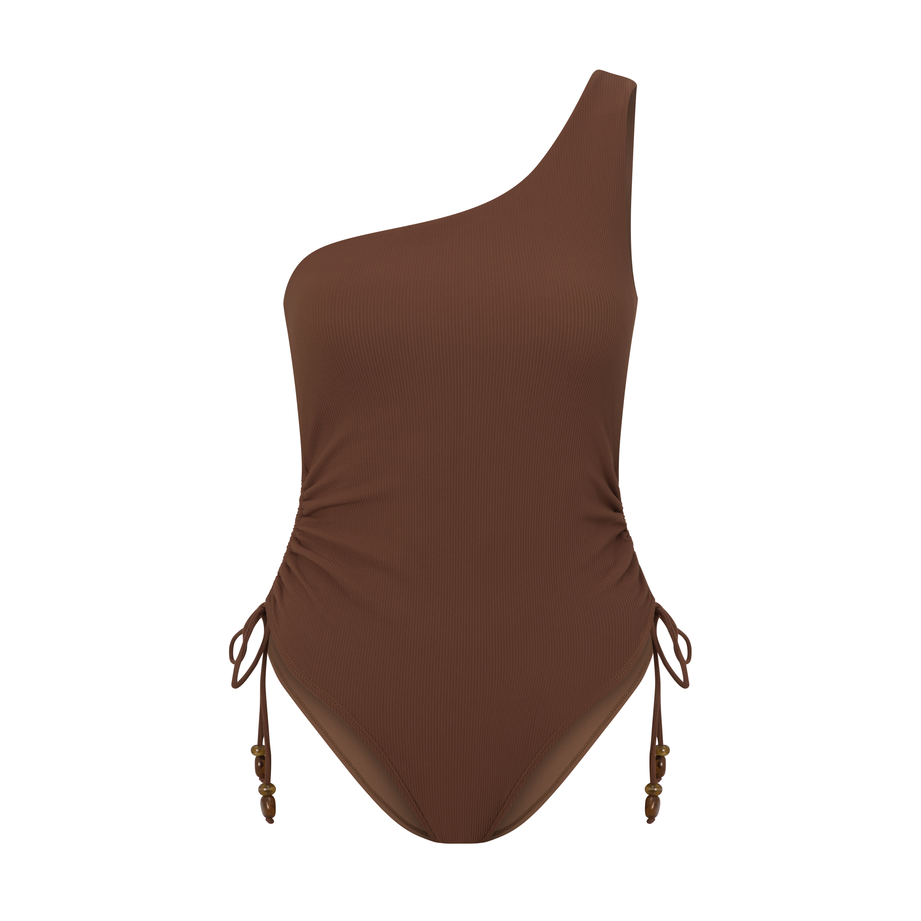 Women’s one shoulder swimsuit in choc rib fabric, medium coverage with contouring ruching detail.