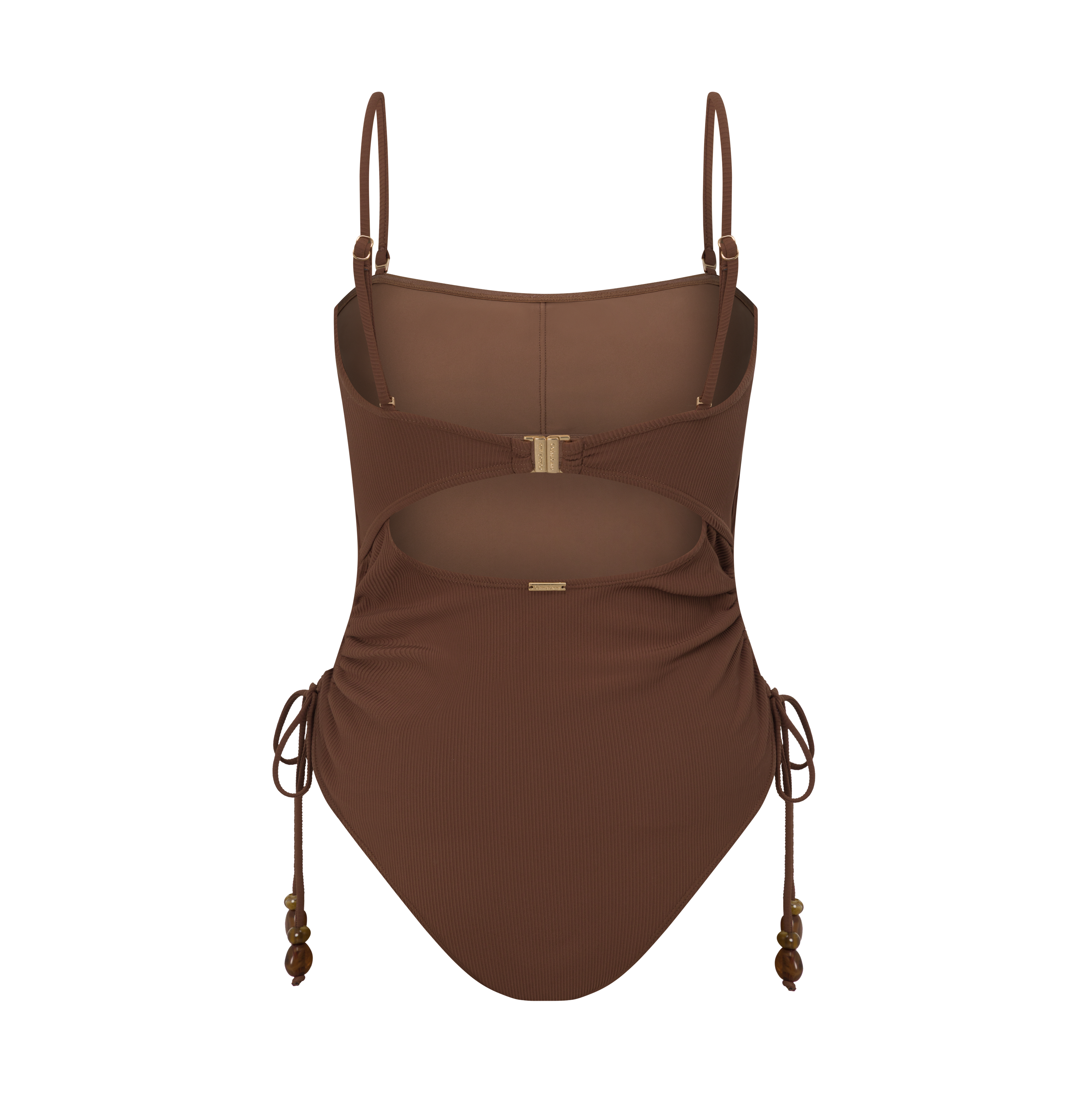 Women’s ribbed one piece in dark brown with flattering ruched sides, side ties, and curve-hugging fit.