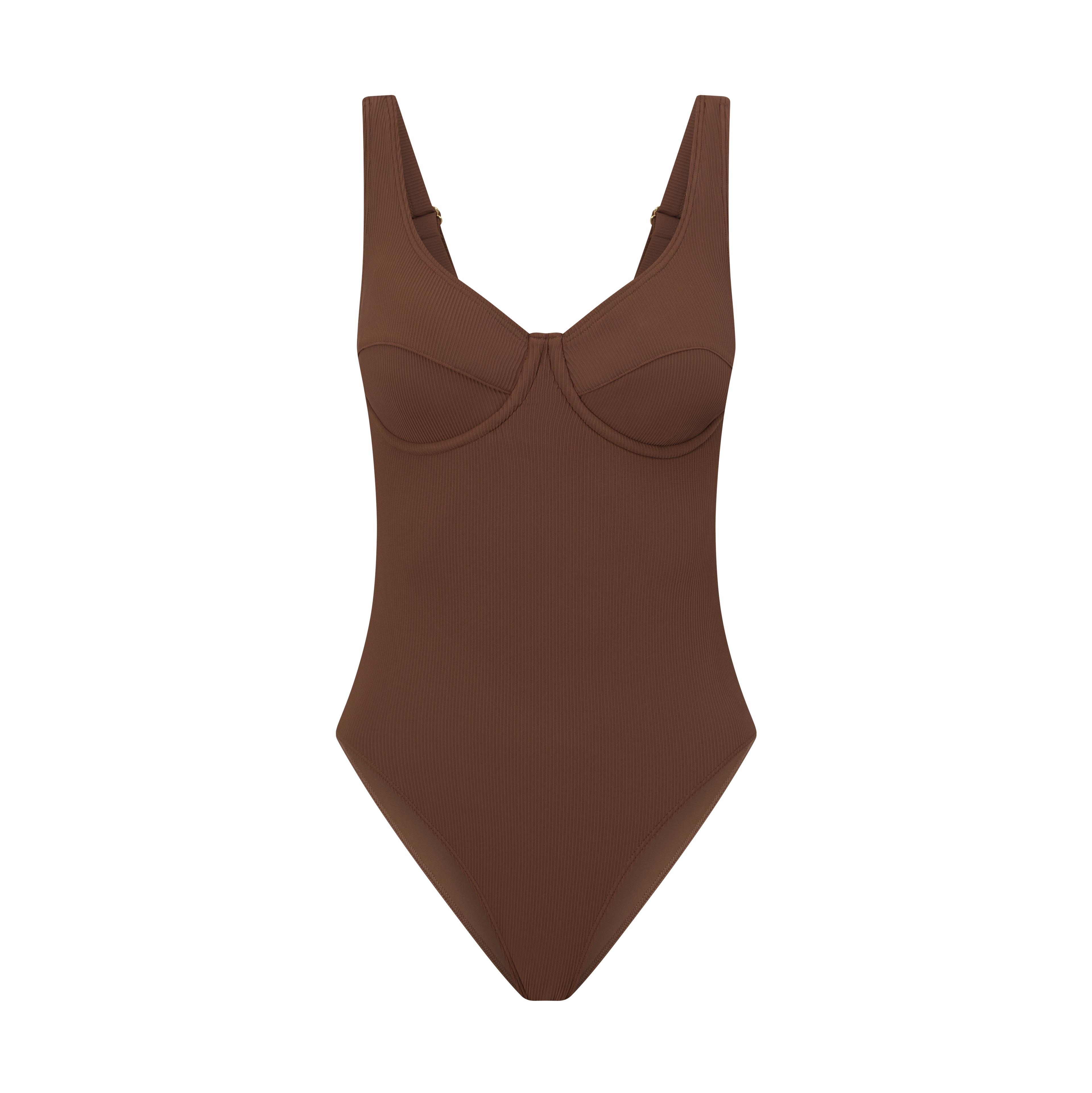 Inclusive size ribbed underwire swimsuit in dark chocolate brown, wide straps for comfort and lift.