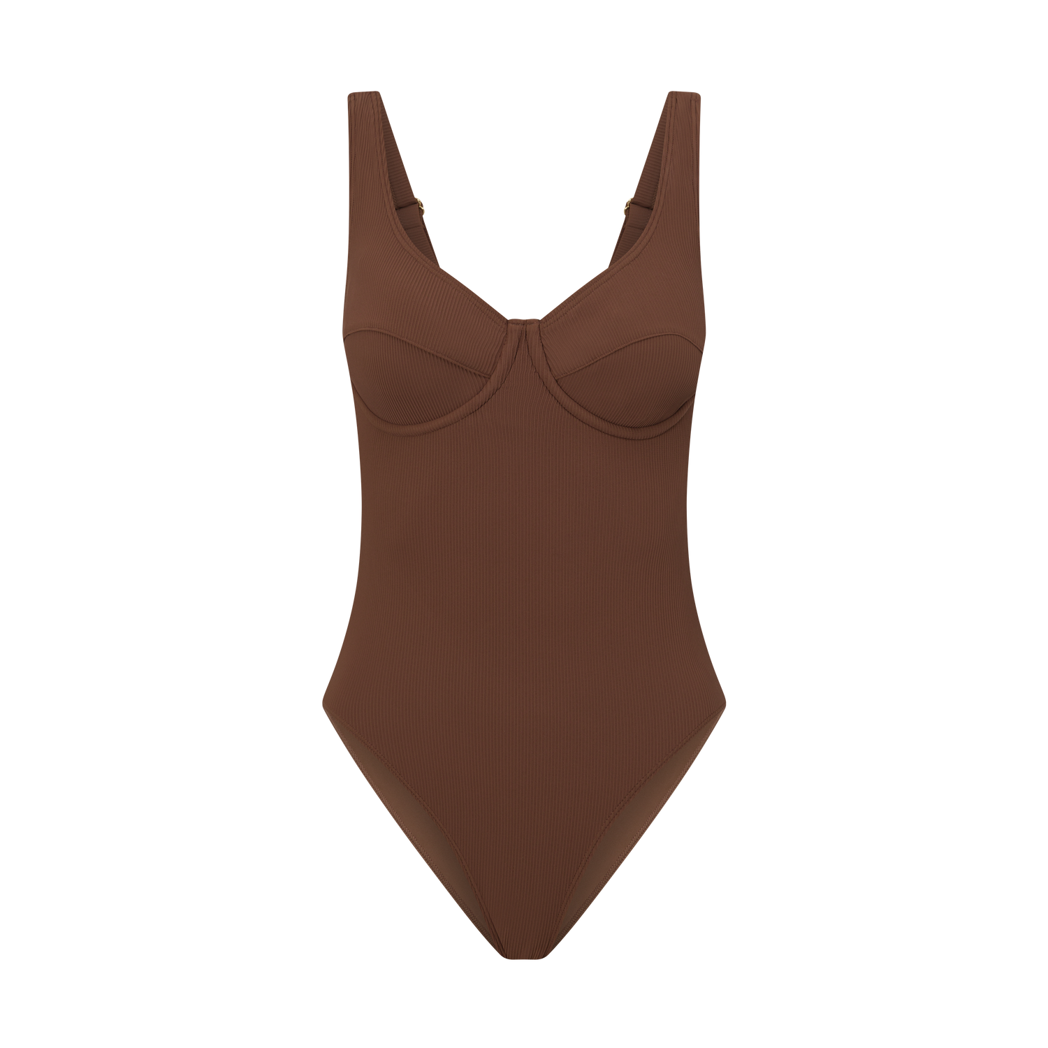 Inclusive size ribbed underwire swimsuit in dark chocolate brown, wide straps for comfort and lift.