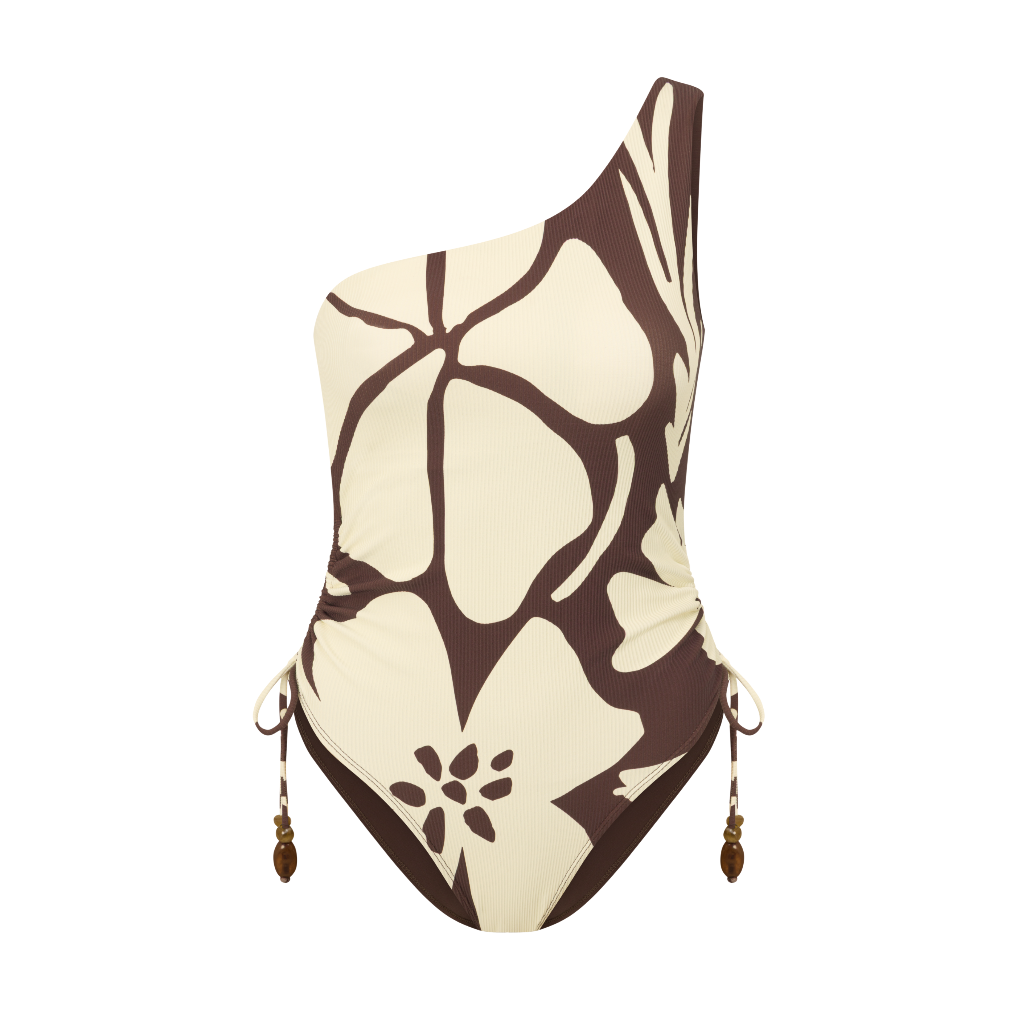 One shoulder floral print one piece swimsuit in chocolate and cream with ruched side ties and high-cut leg.