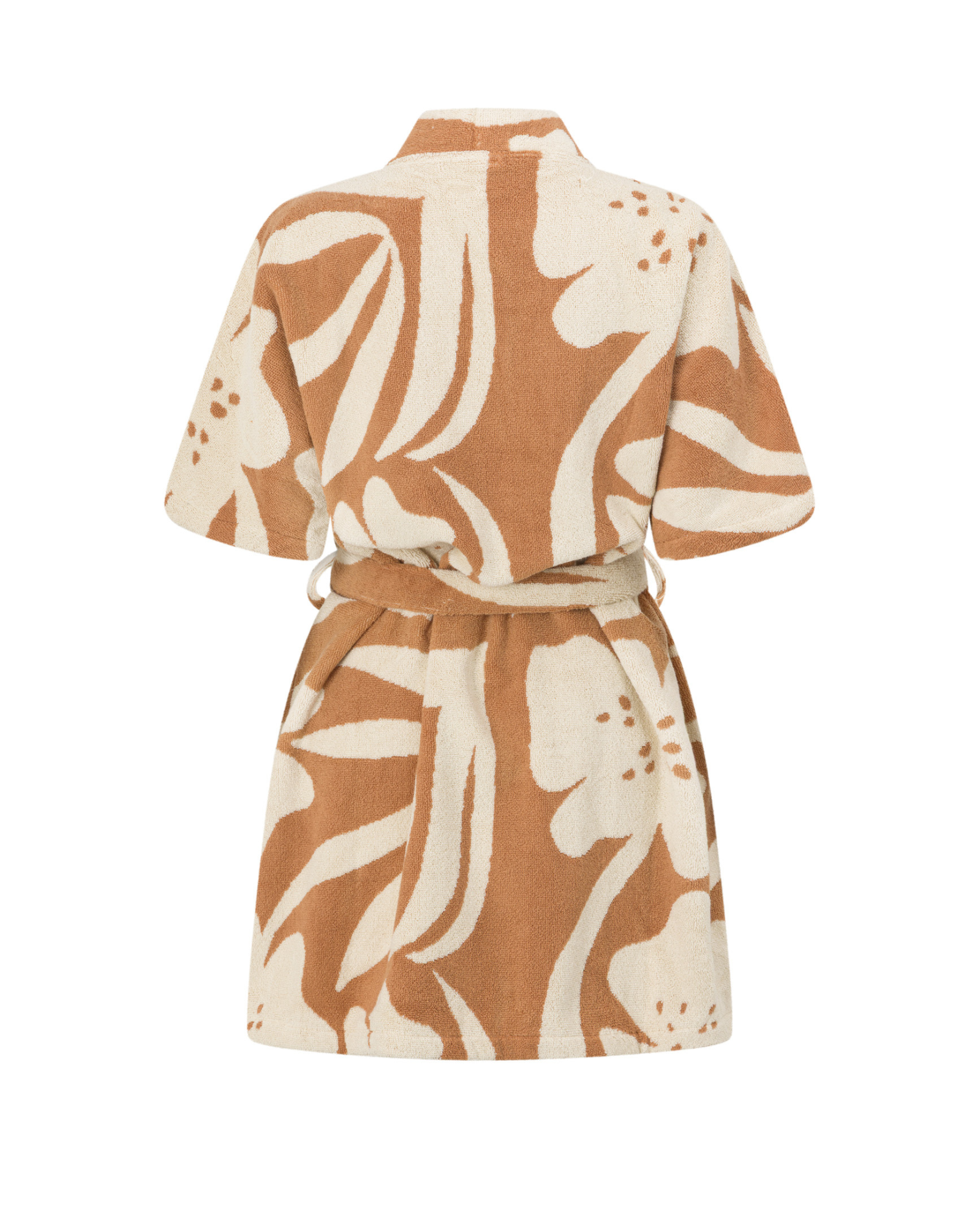 Back view of the Sienna towelling robe, showcasing its light caramel brown and beige floral design, crafted from absorbent cotton for an elevated take on resortwear essentials.