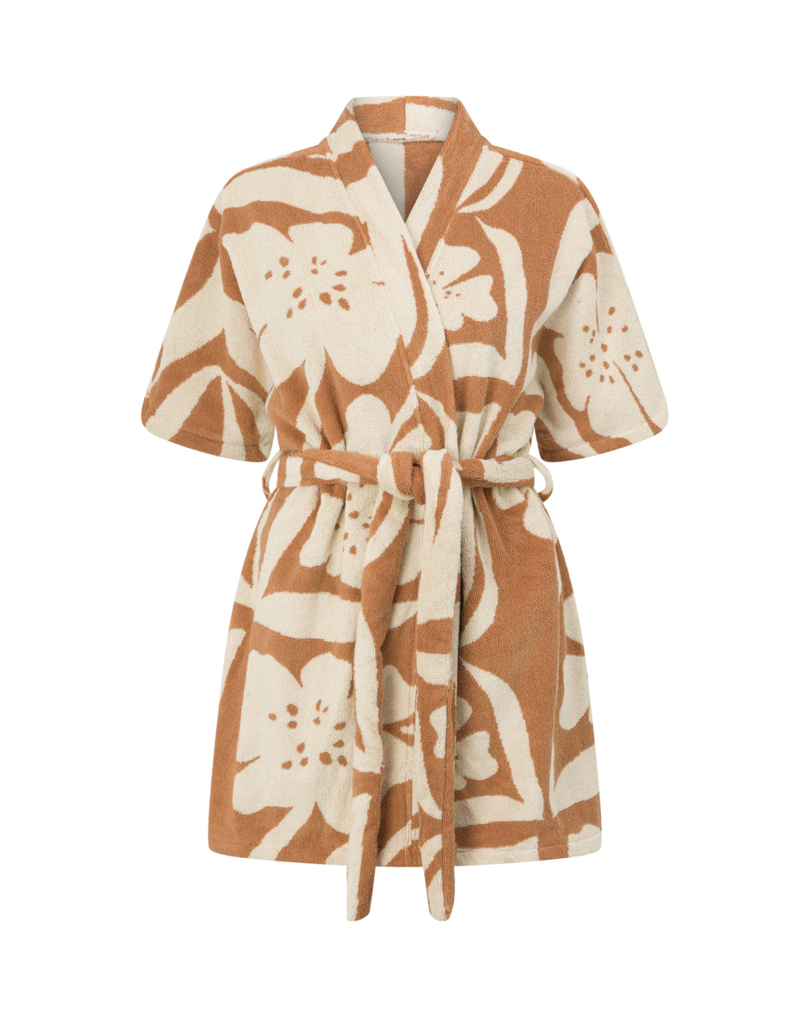 Front view of the Sienna robe in beige and caramel floral print, laid flat to show short length, wide sleeves, and wrap-style self-tie waist in soft cotton towelling fabric.