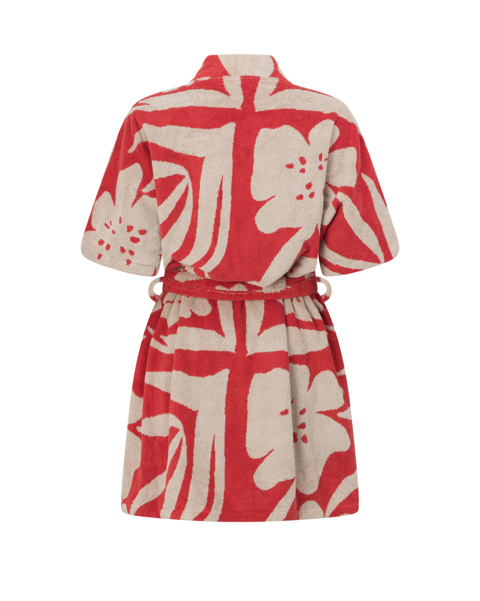 Back view of the Solana towelling robe in red floral print, featuring Ochre Lane’s signature relaxed silhouette, absorbent cotton fabric, and modern resortwear shape.