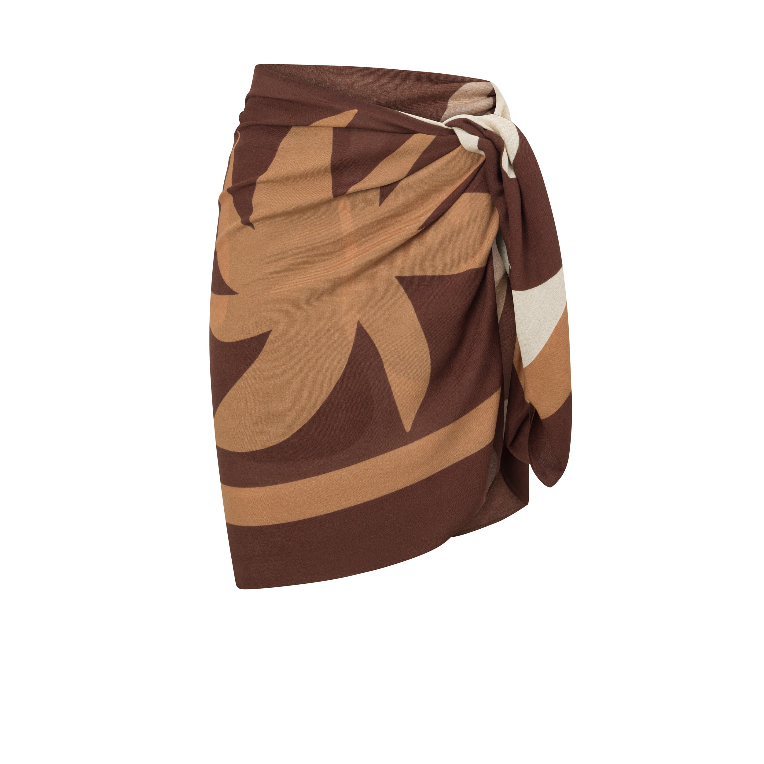 Short view of Sombra sarong in chocolate and cream abstract floral print, styled as a wrap skirt.