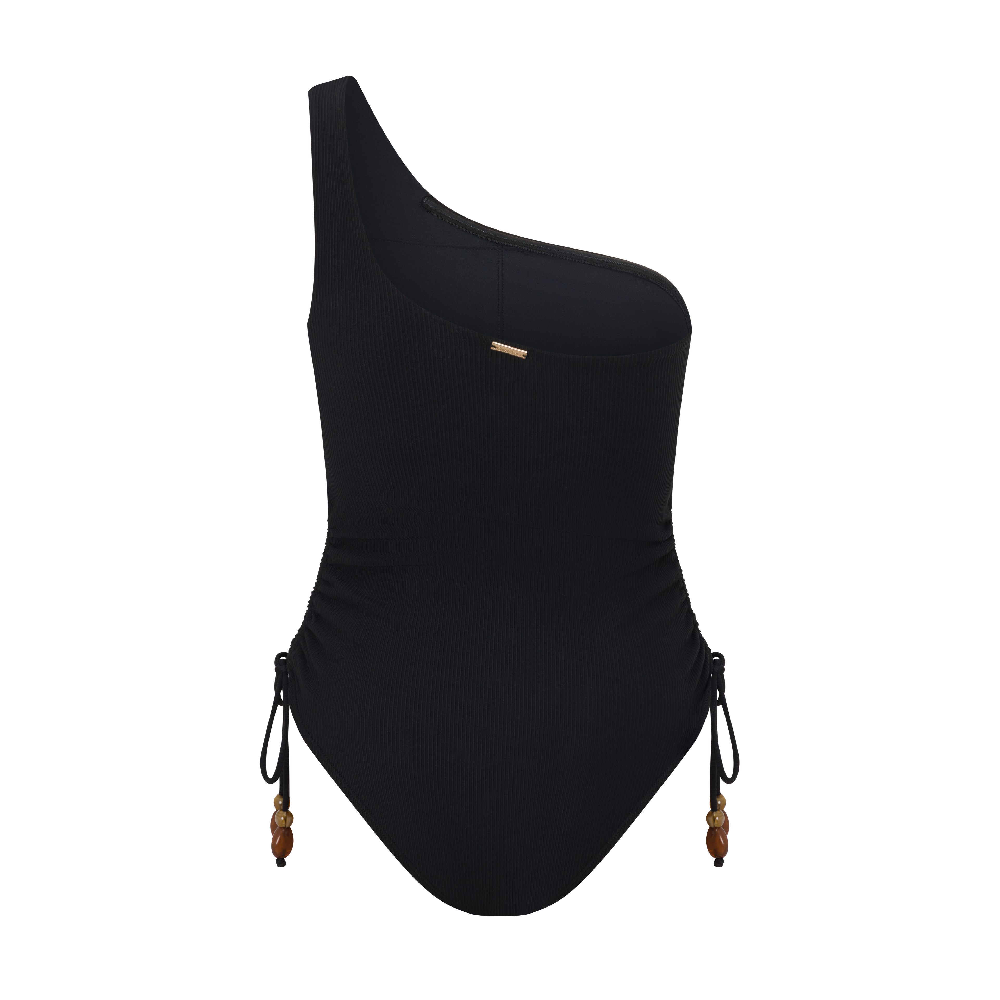 Women’s black rib swimwear – ruched one shoulder one piece with beads