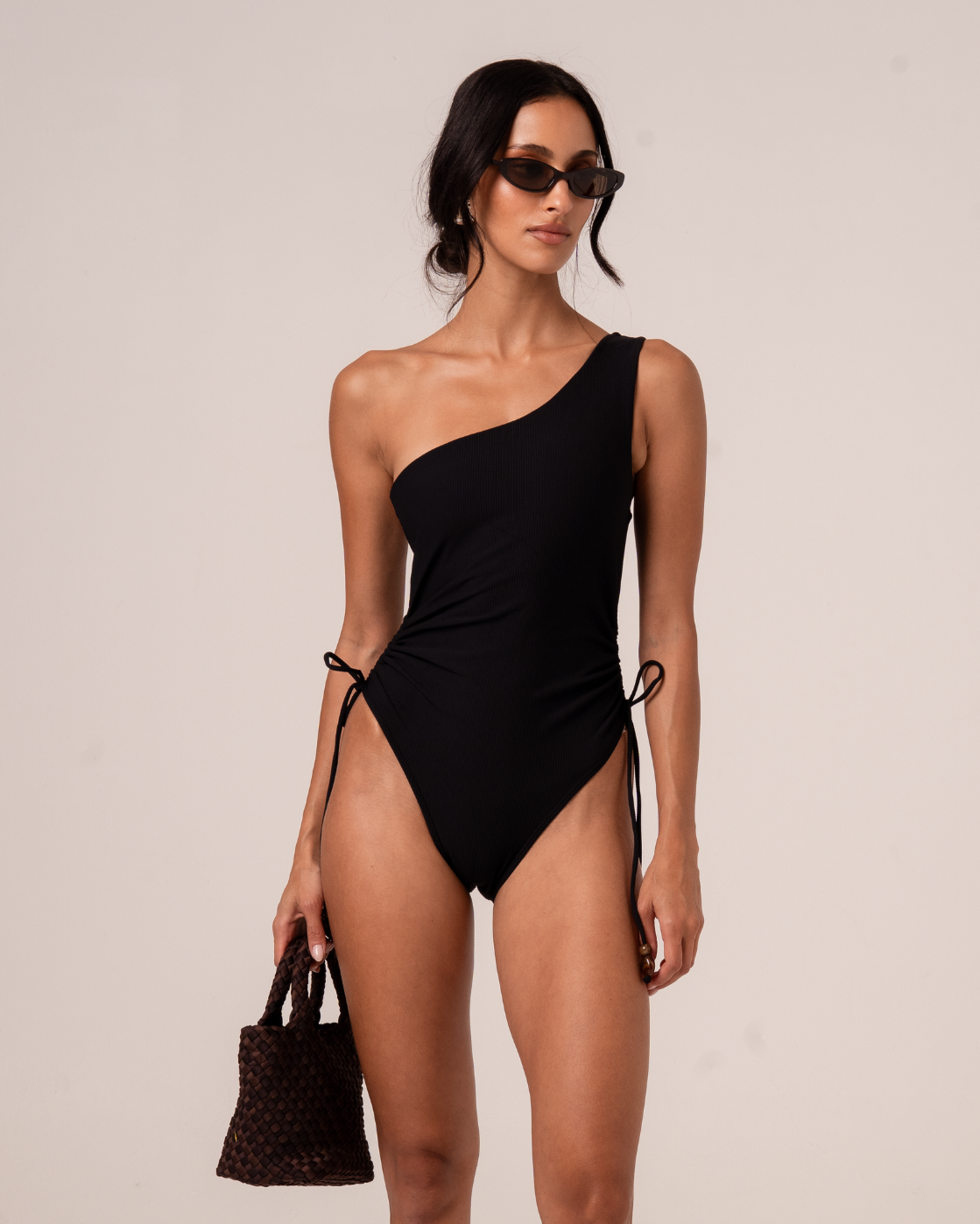 One Shoulder Ruched One Piece in black rib featuring a flattering high-leg cut and size-inclusive fit 8-22