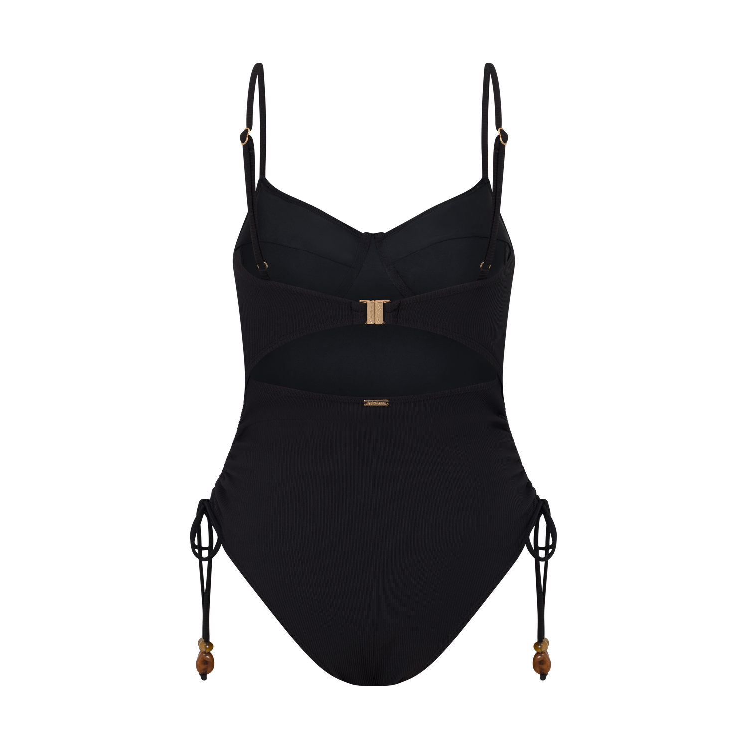 Black rib underwire swimsuit with thin straps – beachside look