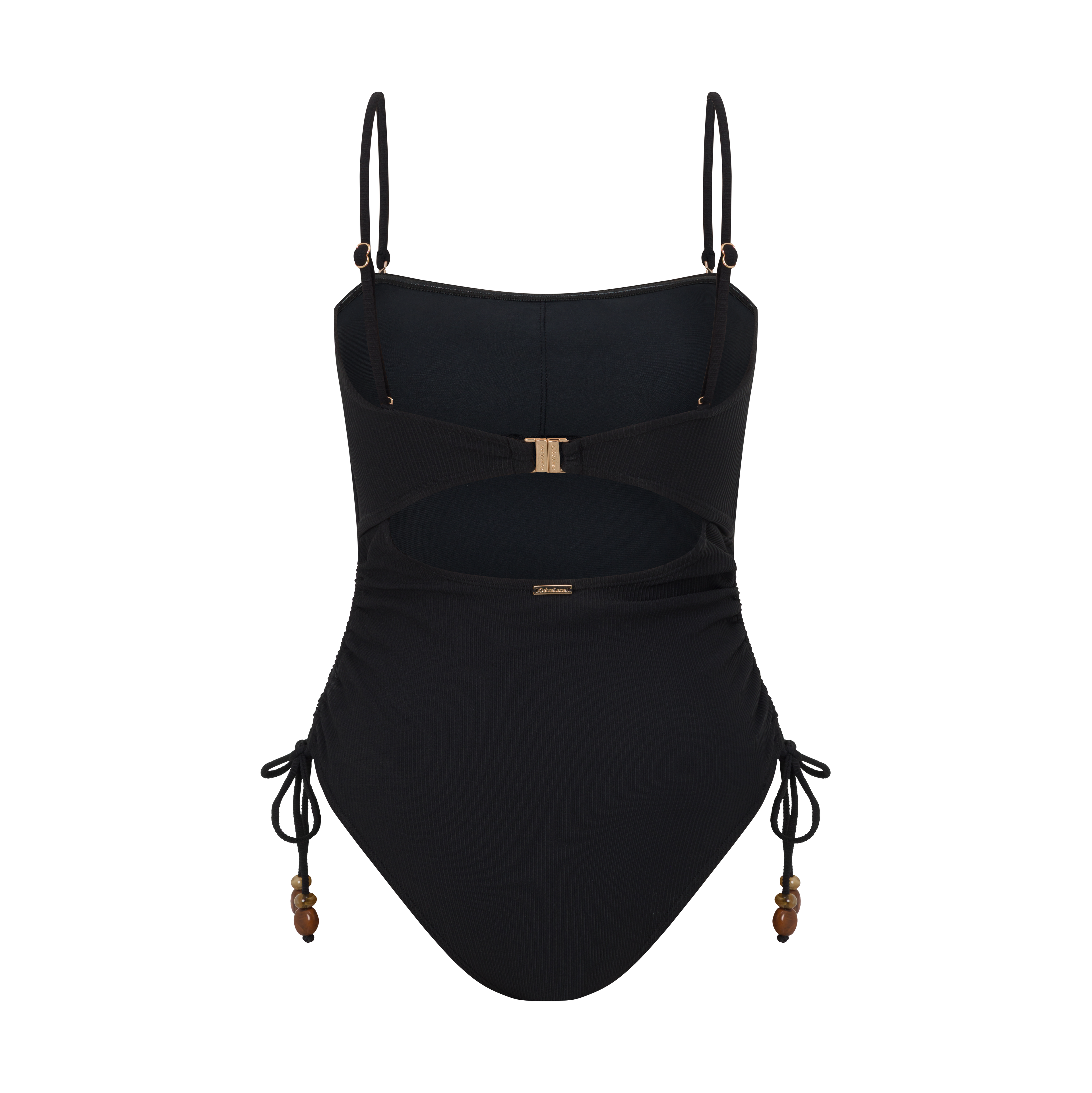 Ruched strapless swim one piece in Black Rib – modern beachwear