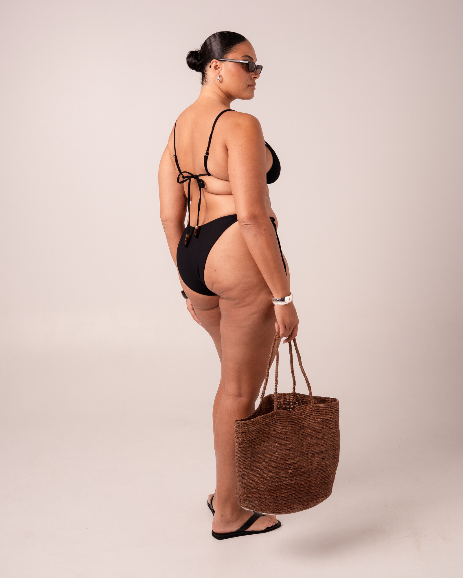 Ochre Lane String Bottom bikini bottom in black rib, size-inclusive fit 8-22 luxury Australian swimwear.
