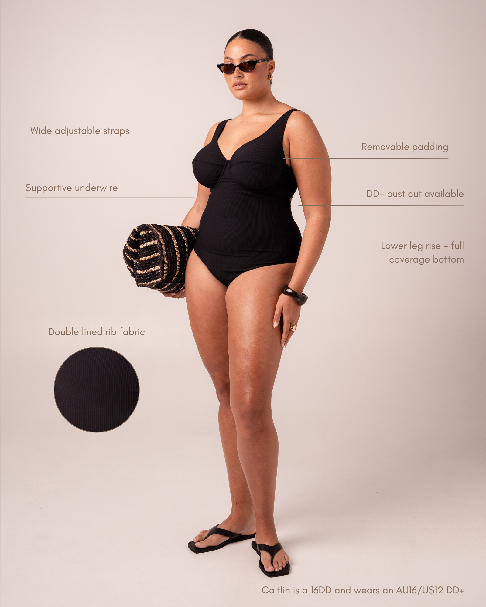 Fit and feature diagram of a black ribbed underwire one-piece swimsuit on a plus-size model, showing wide adjustable straps, removable padding, supportive underwire, and full coverage bottom