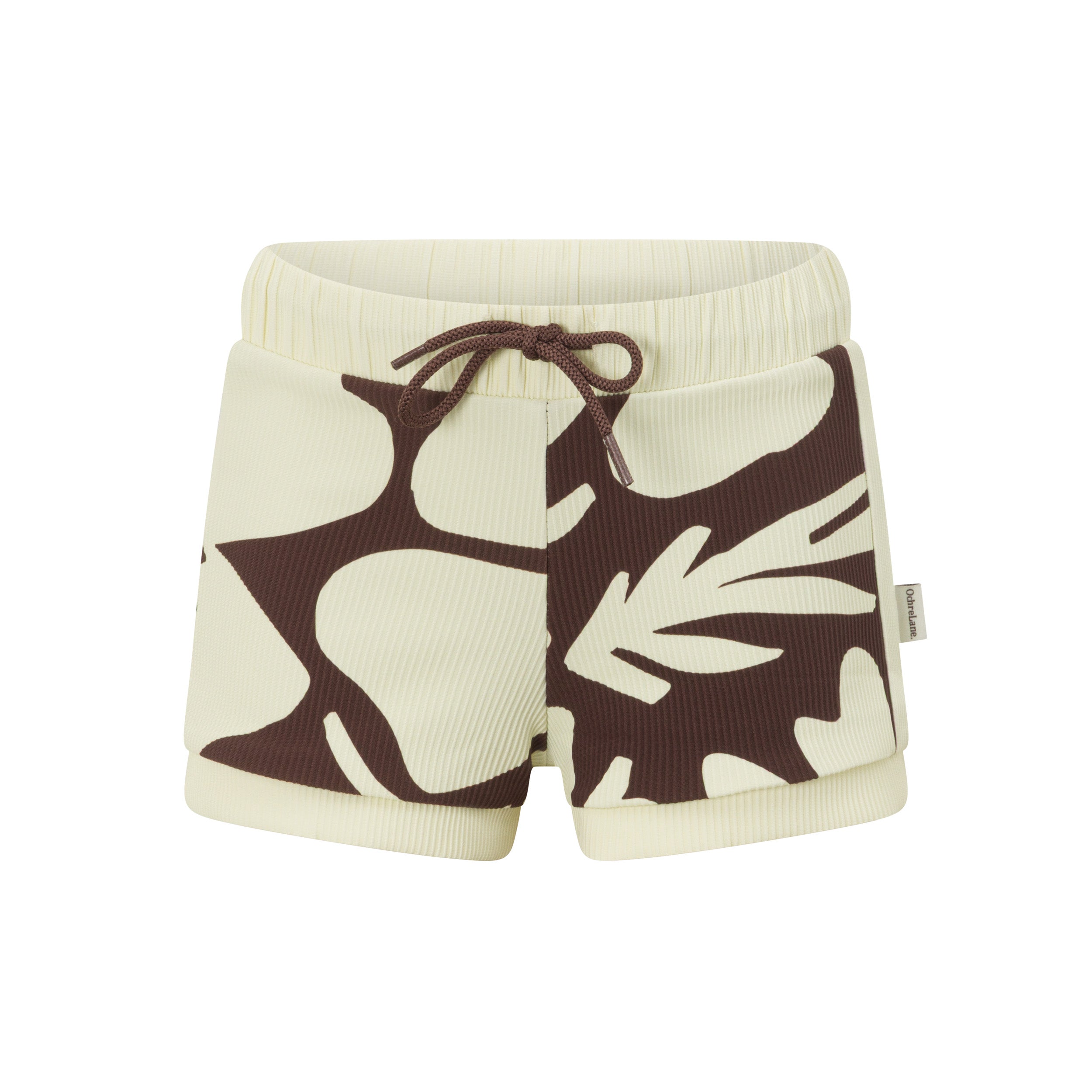 Brown and cream hibiscus print kids swim shorts, front view product shot showing drawstring waist detail