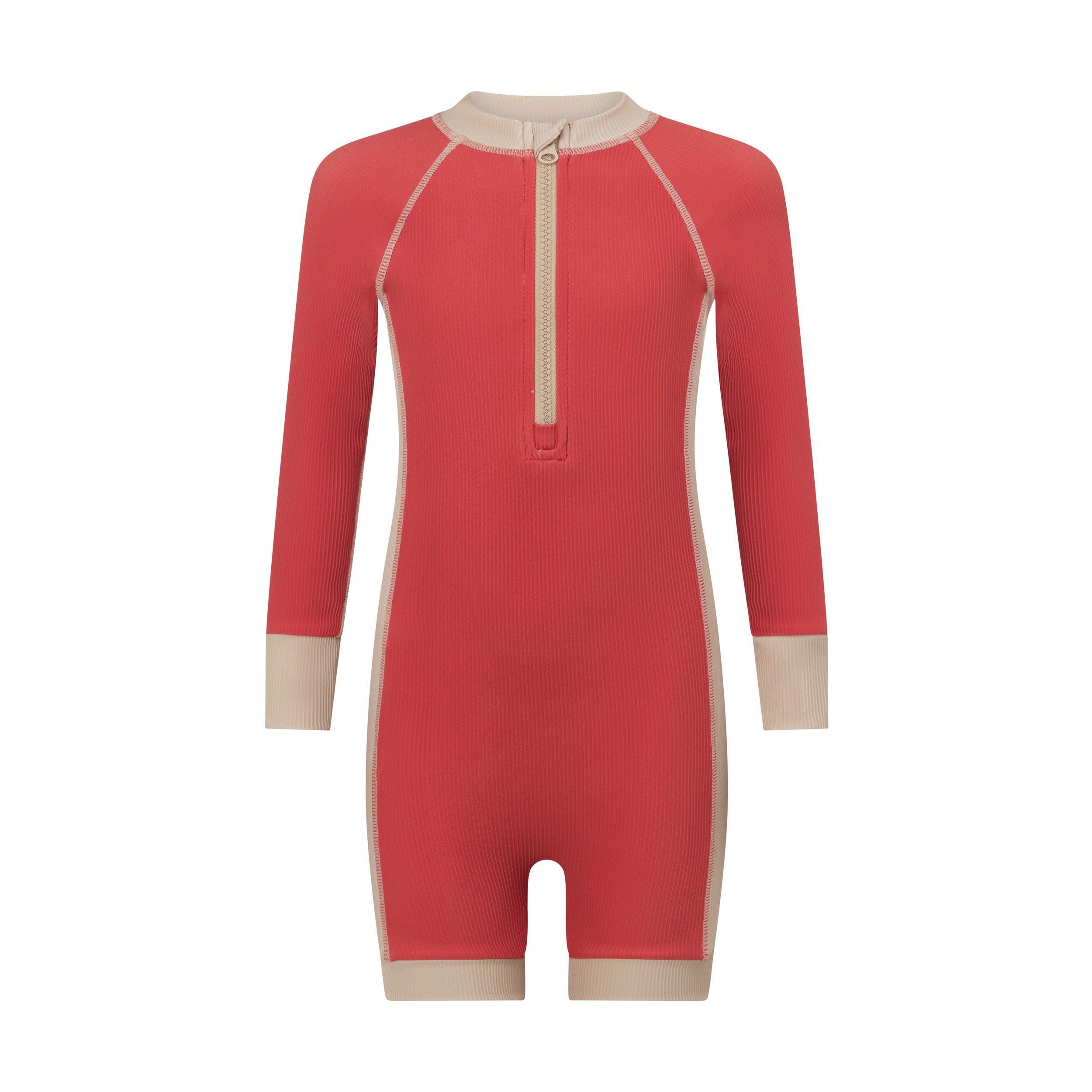 Front view of a coral melon kids long sleeve surf suit with a cream zip neck, contrast panels and ribbed sun-safe fabric
