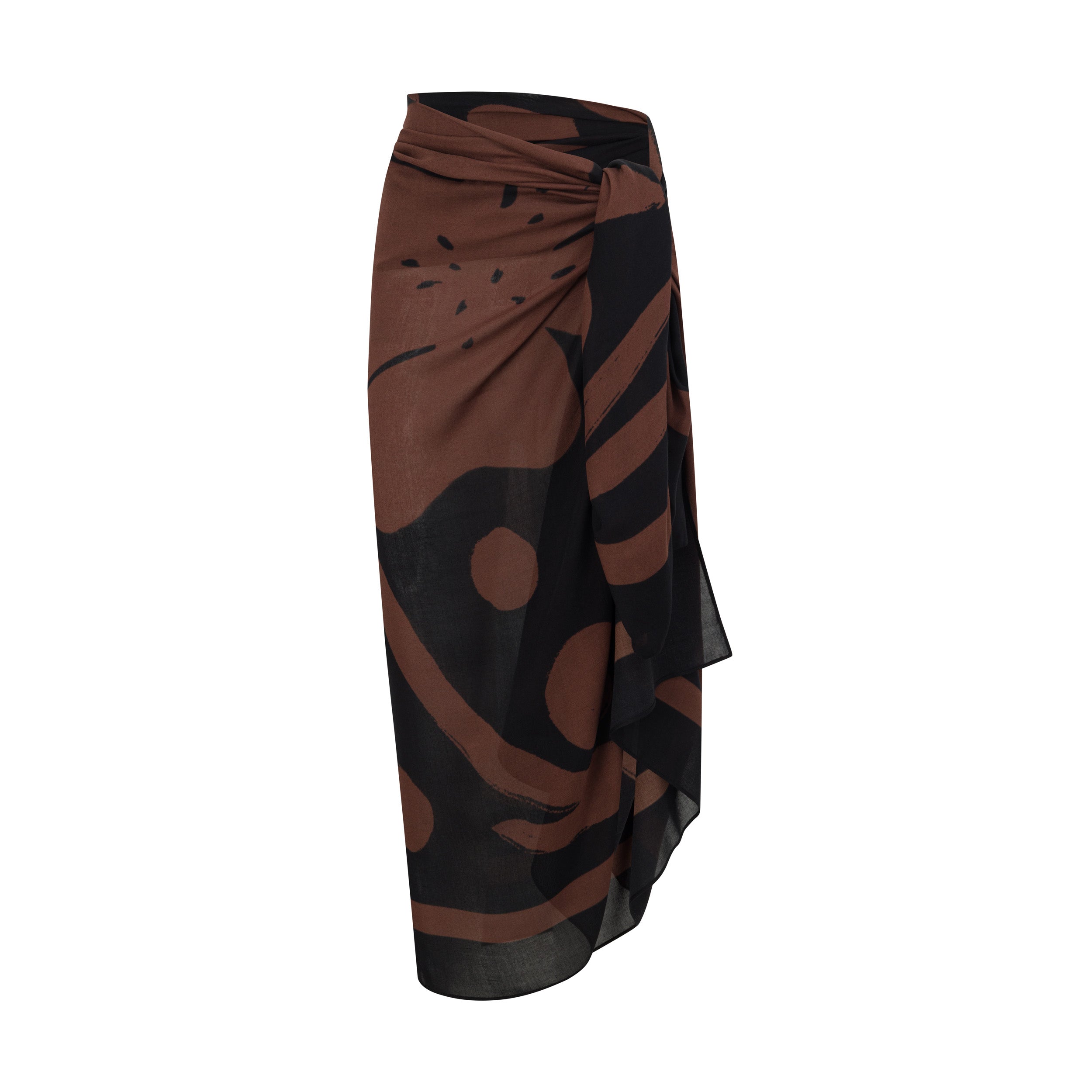 Fiore Alba sarong worn beachside, designed in a rich chocolate colour palette