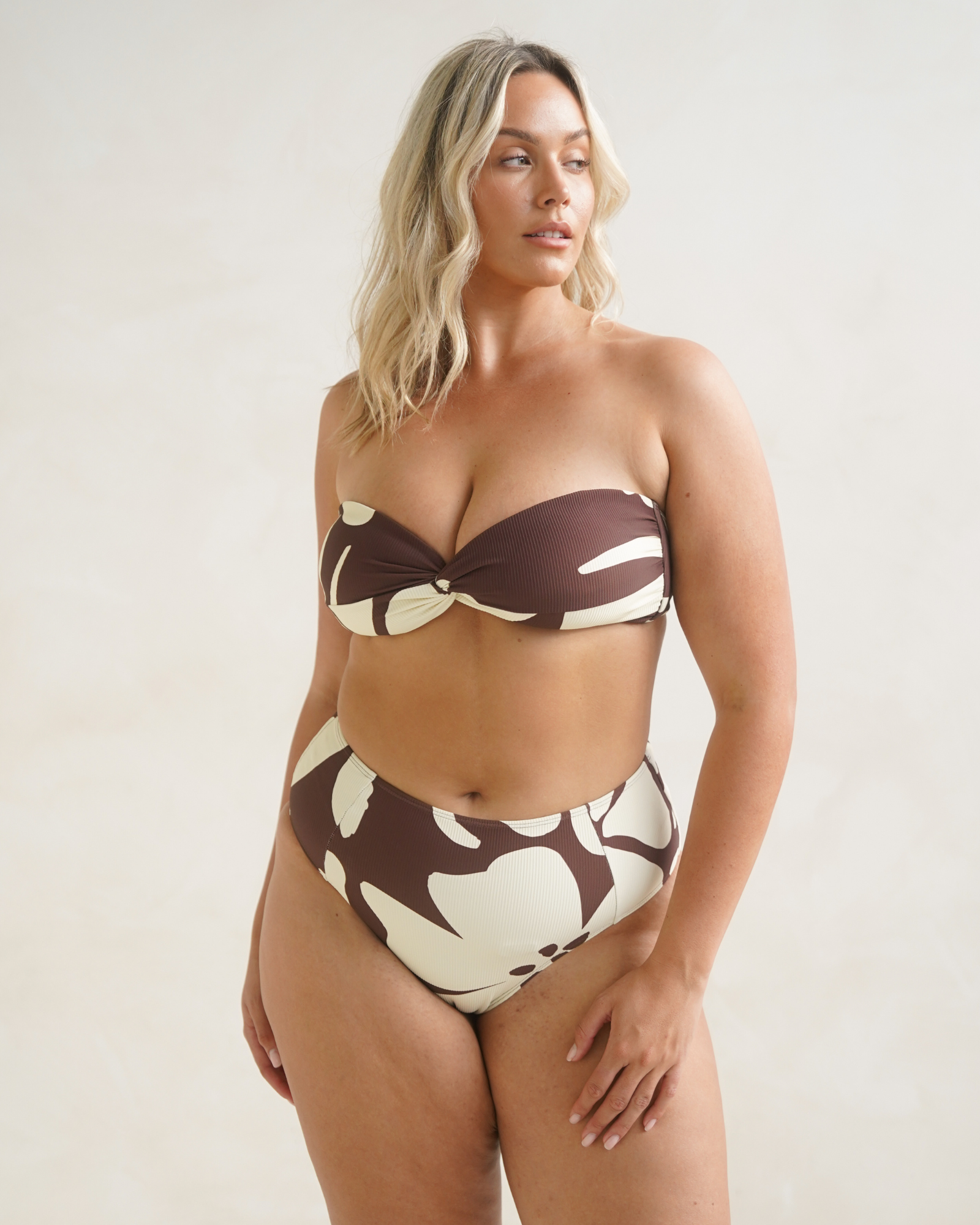 Ochre Lane Bandeau Twist bikini top in Ibisco floral print with twist front detail and side boning support