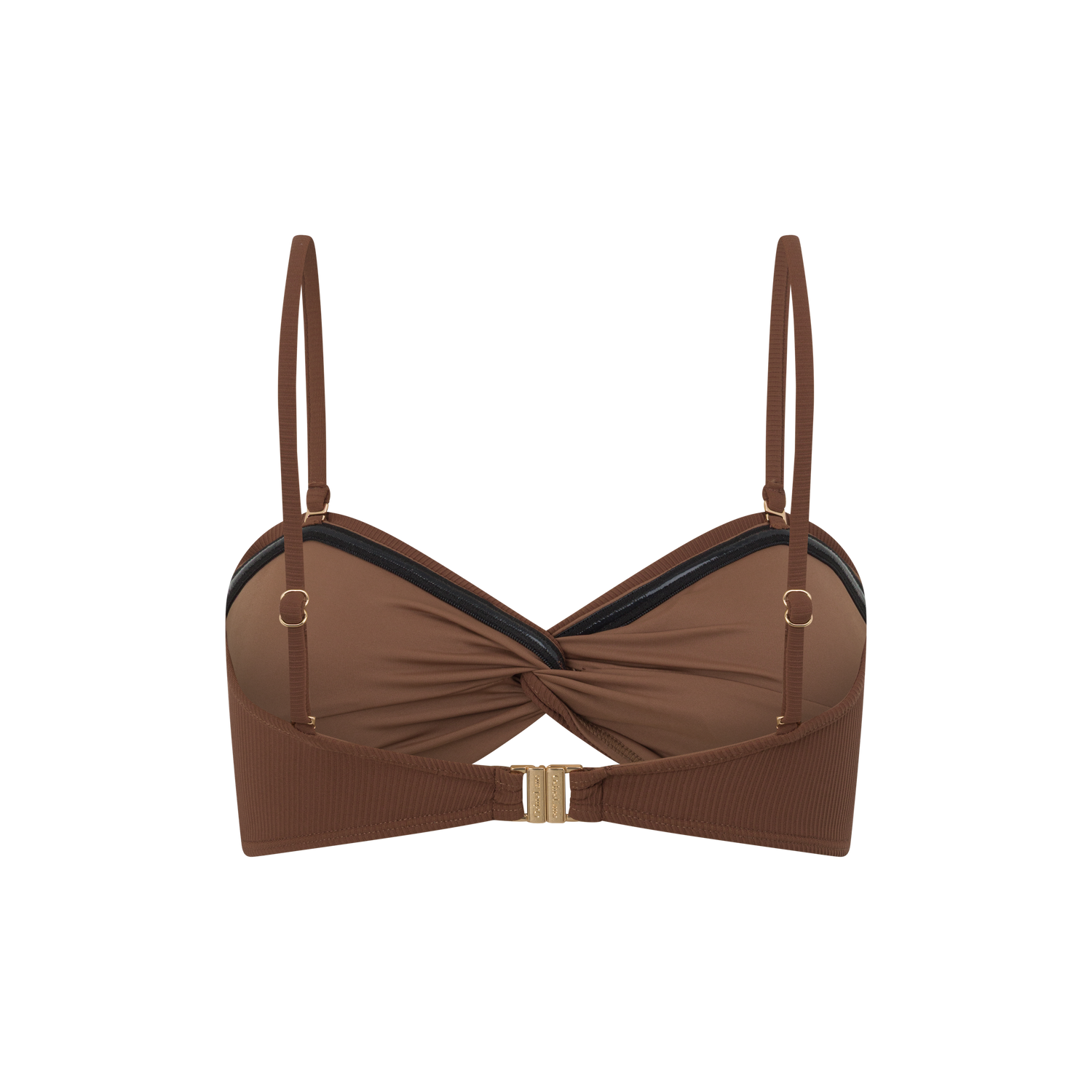 Back view flat lay of the ribbed chocolate bandeau bikini top from Ochre Lane, minimalist and seamless.