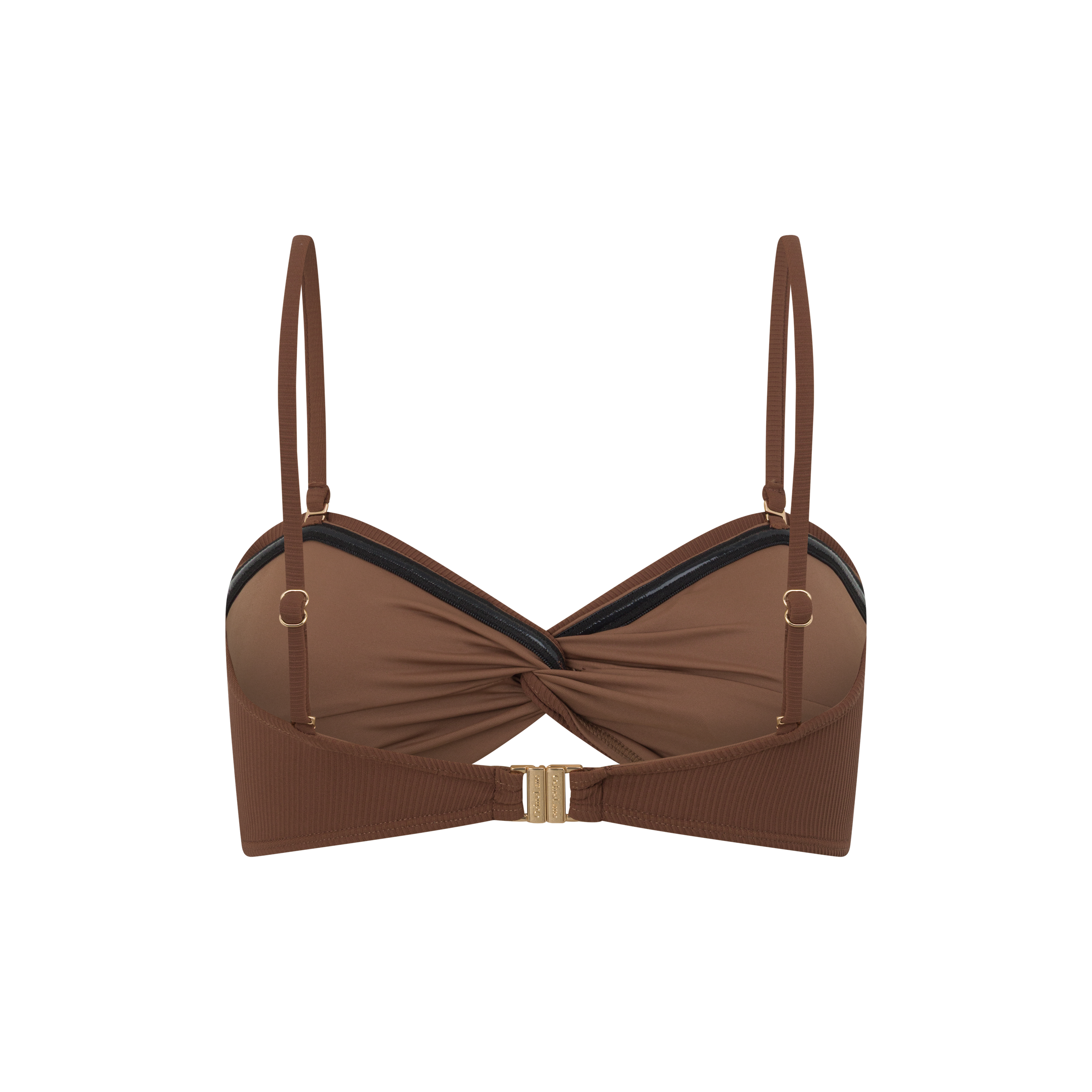 Back view flat lay of the ribbed chocolate bandeau bikini top from Ochre Lane, minimalist and seamless.