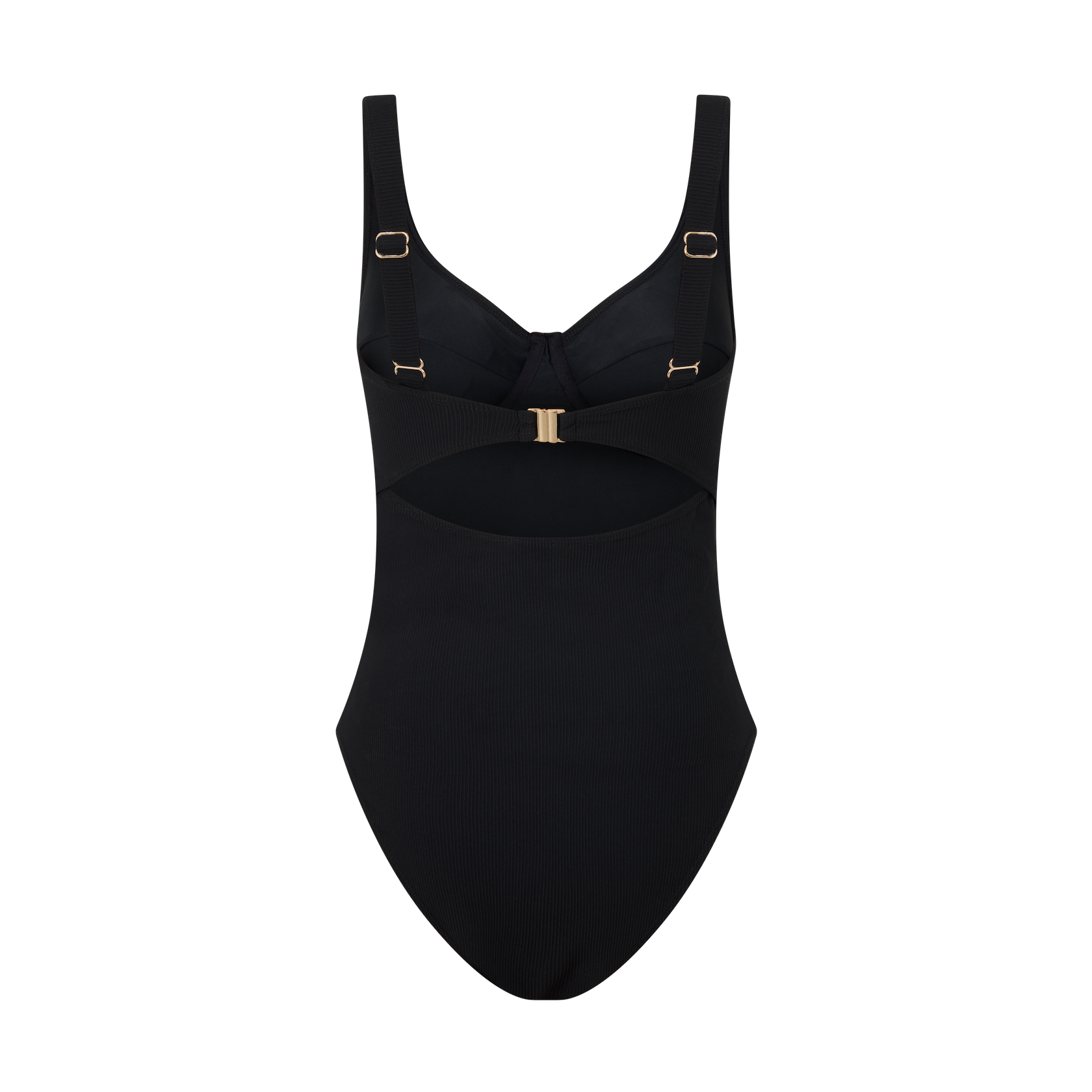 Ochre Lane black rib underwire one piece swimsuit, back product view with adjustable straps and gold hardware