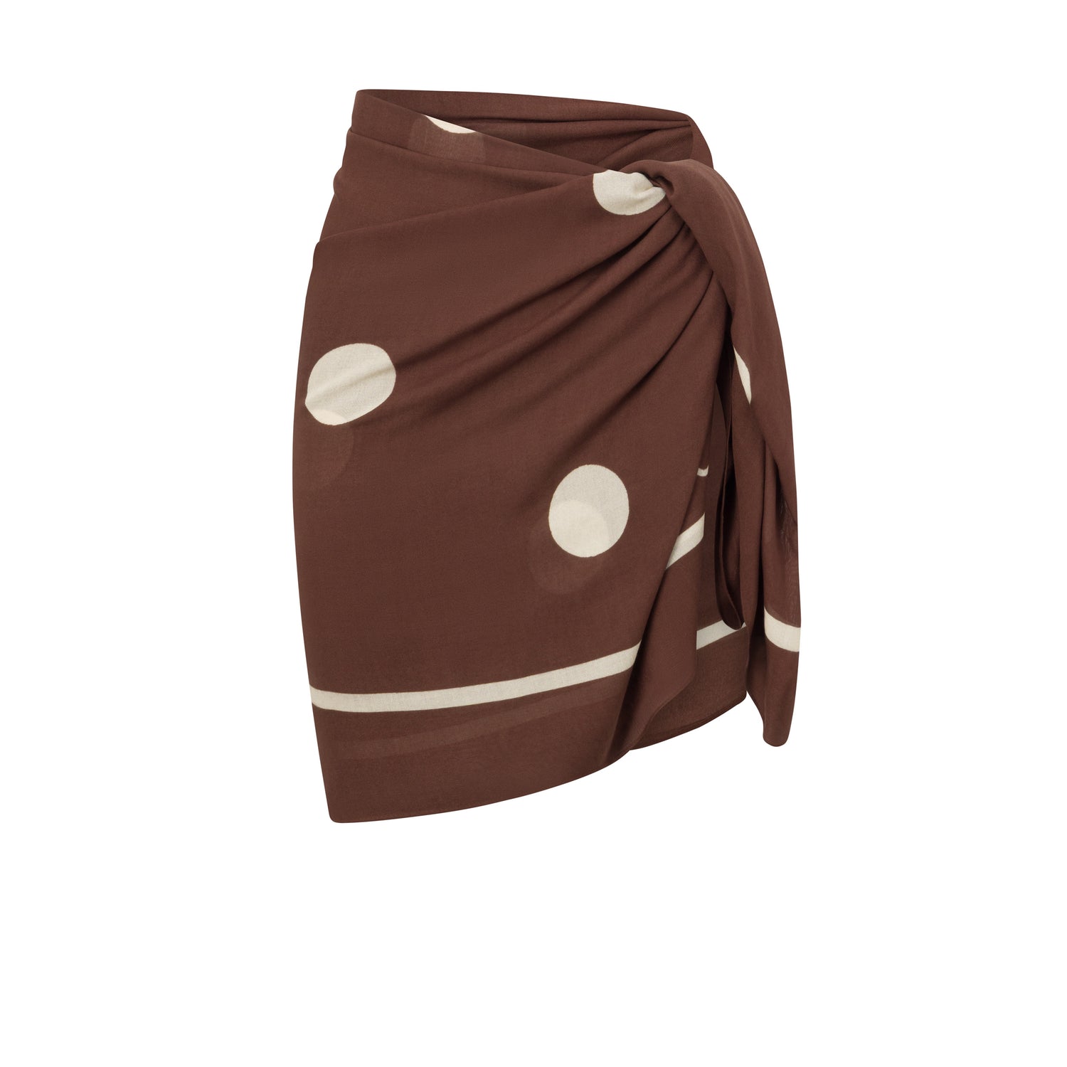 Flowy pareo wrap in rich brown with oversized dot print, styled over a brown bikini.