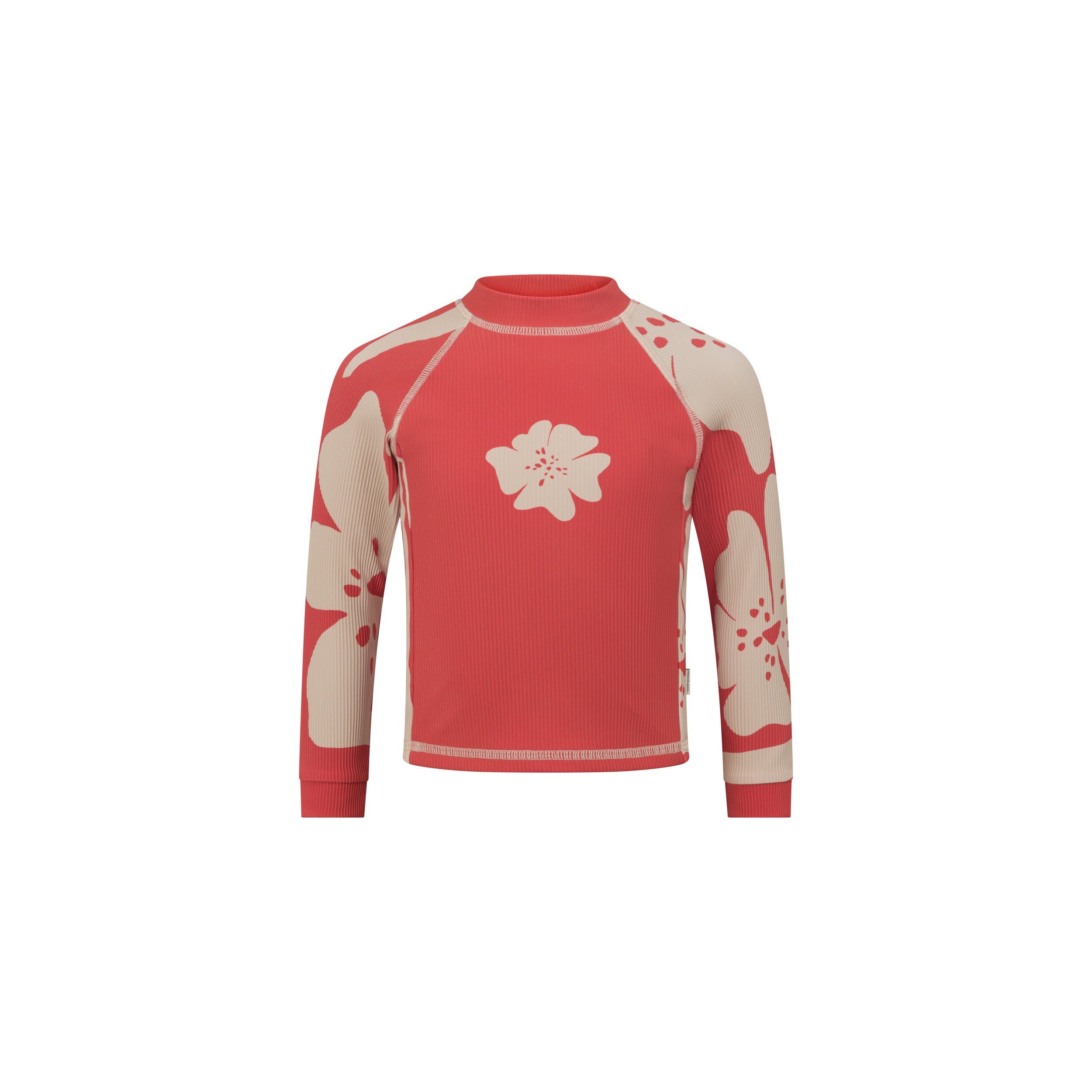 Front view of a red kids long sleeve rash shirt with cream hibiscus floral print on the raglan sleeves and a single flower graphic at the chest, UPF sun-safe swim top
