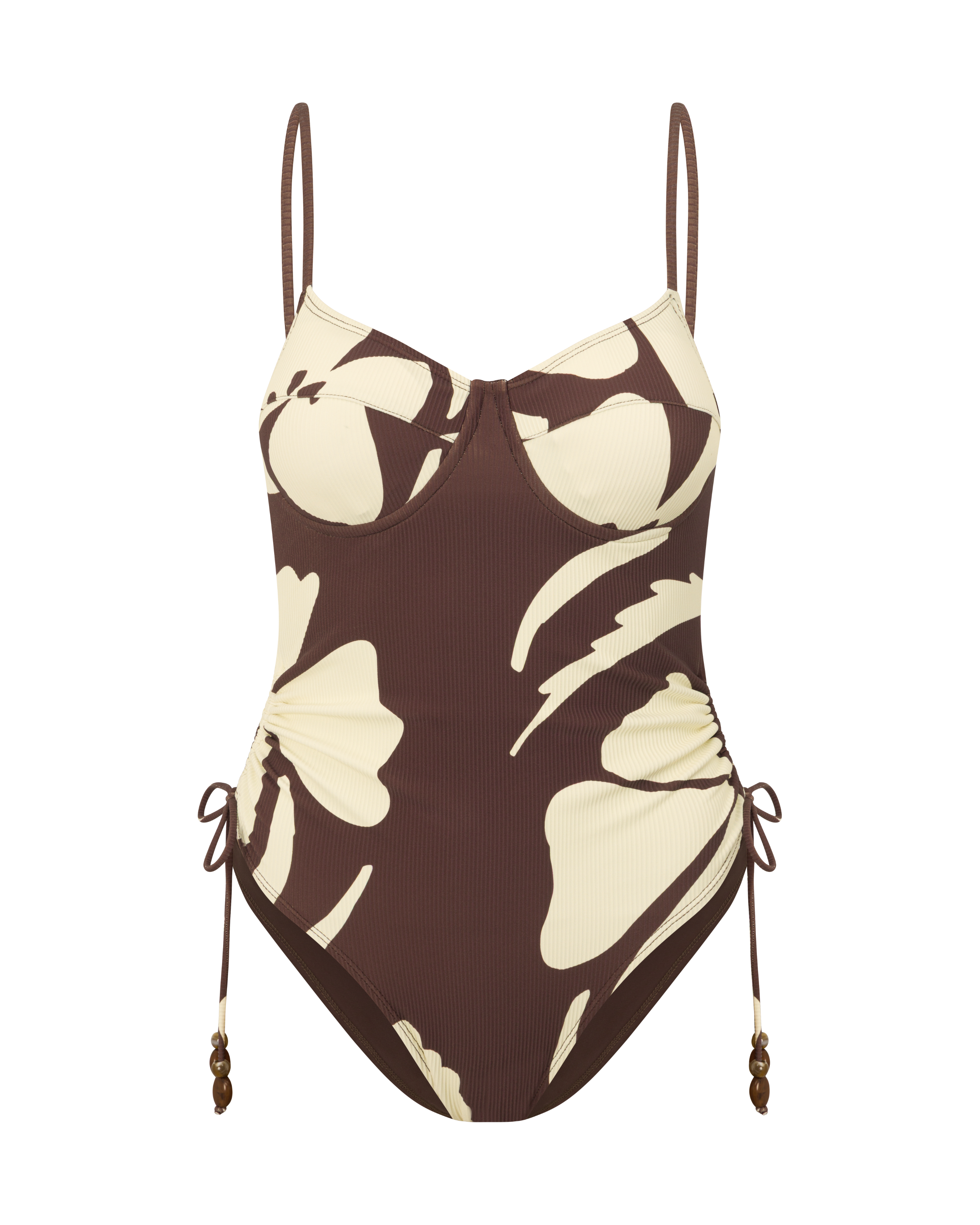 Thin Strap Underwire One Piece in Ibisco floral print (front) with supportive underwire bust and adjustable beaded side ties