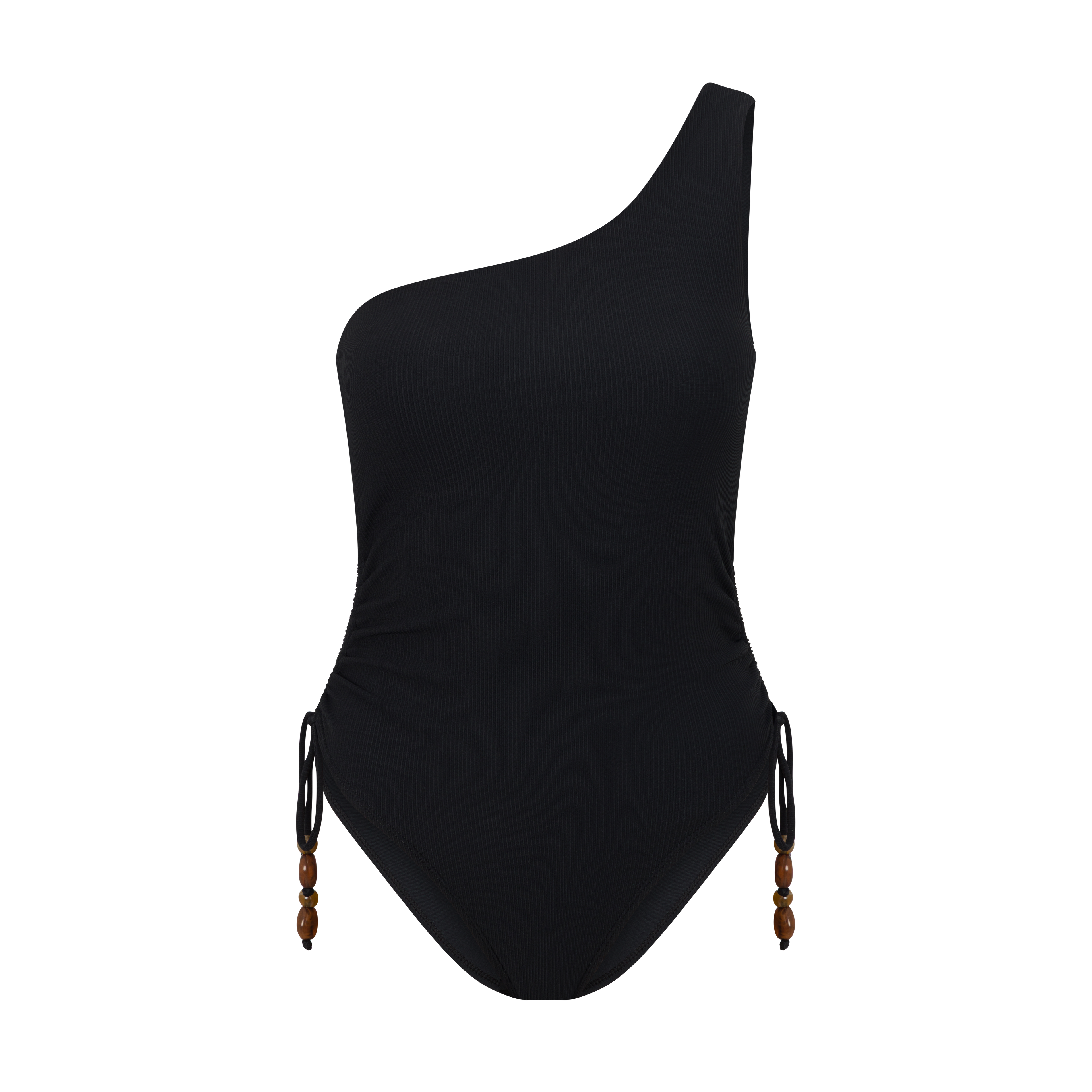 Women’s black rib swimwear – ruched one shoulder one piece with beads