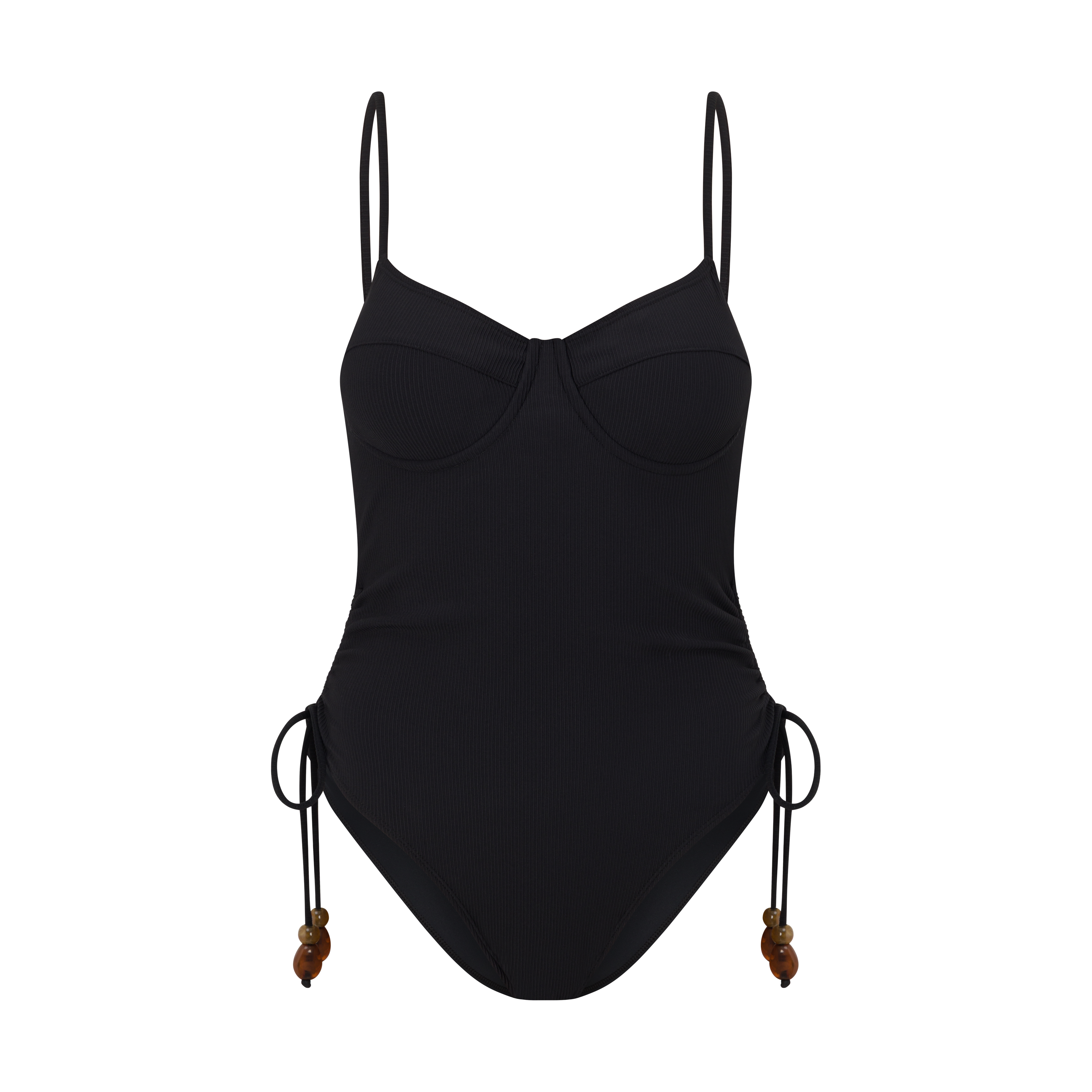 Women’s ribbed one piece swimwear in black with side tie detail