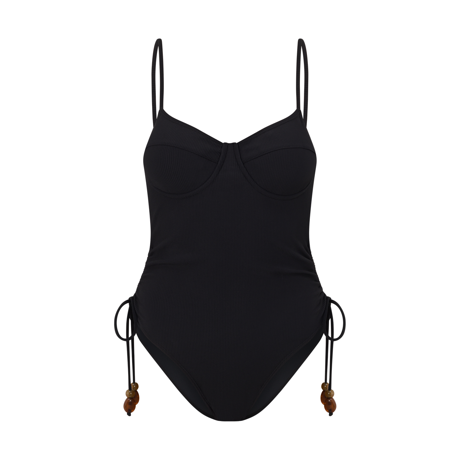 Women’s ribbed one piece swimwear in black with side tie detail