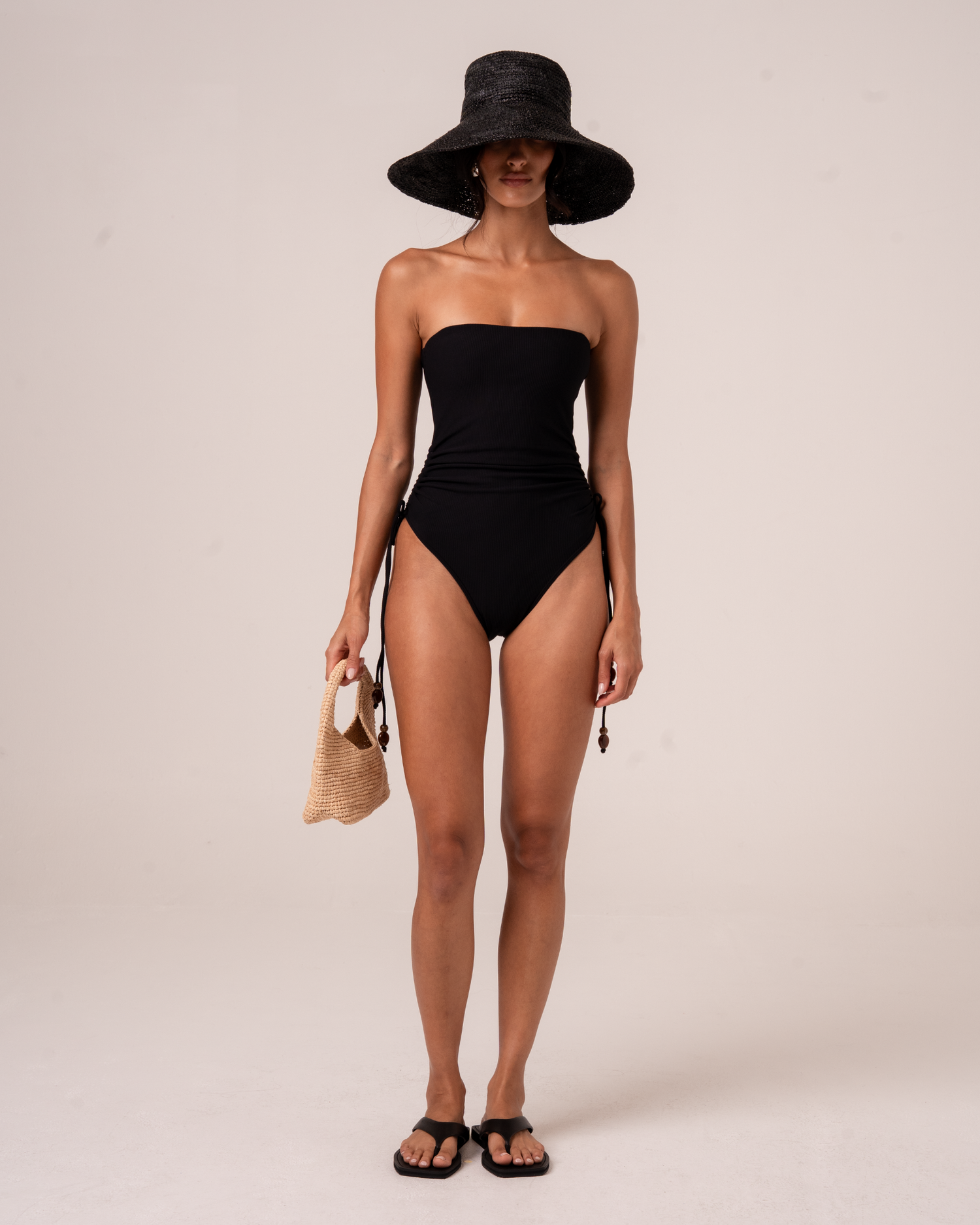 Women's Strapless Side Tie Swimsuit in Black Rib | Ochre Lane