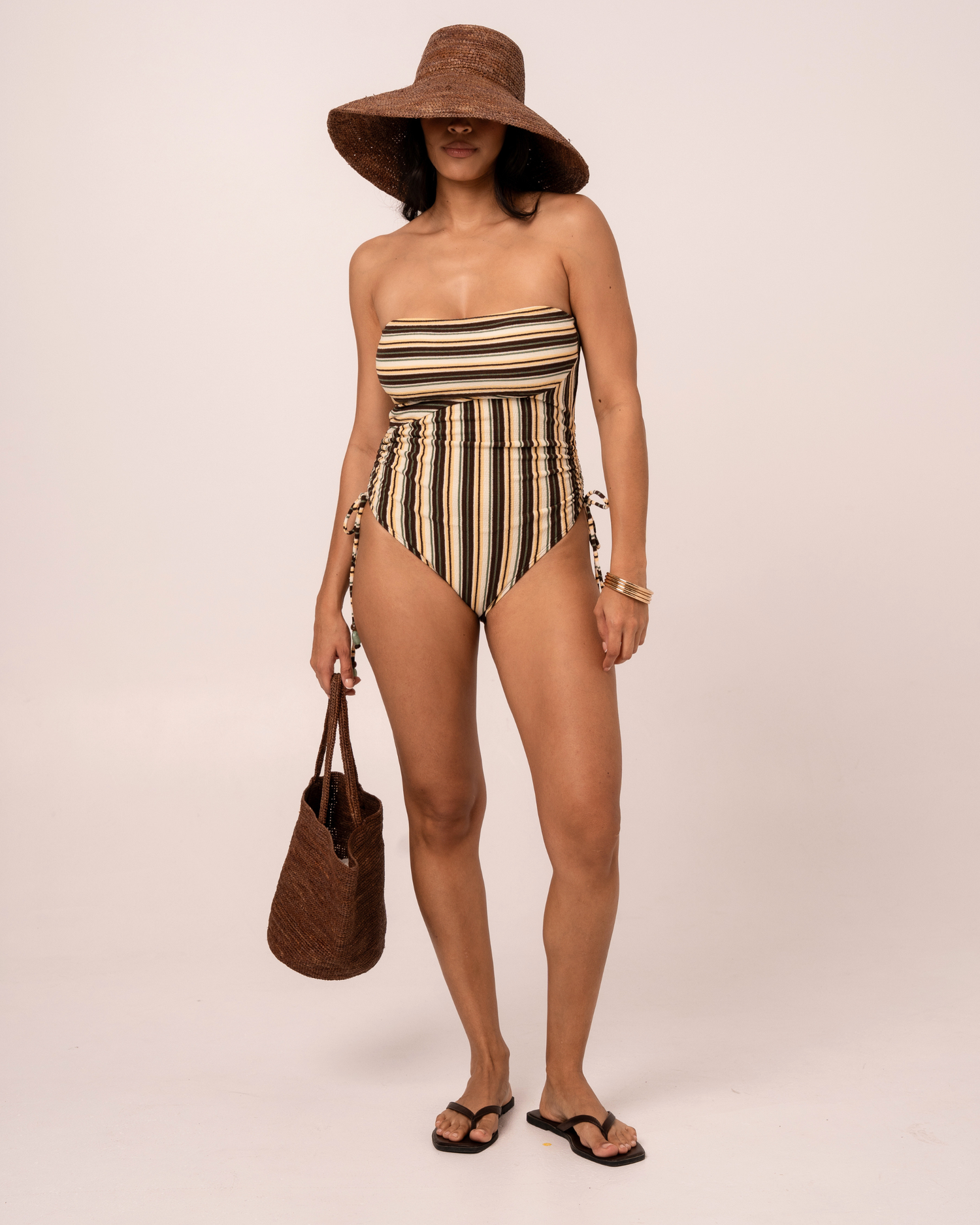 Strapless Side Tie One Piece | Palm Stripe