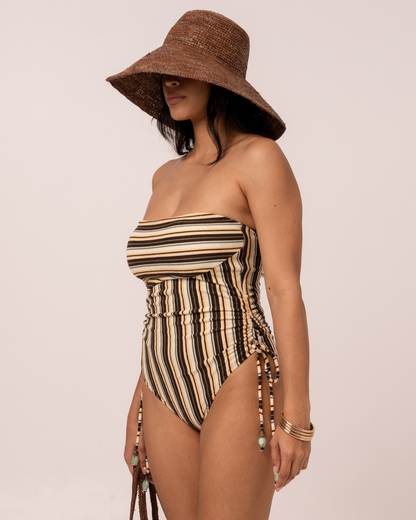 Strapless Side Tie One Piece | Palm Stripe