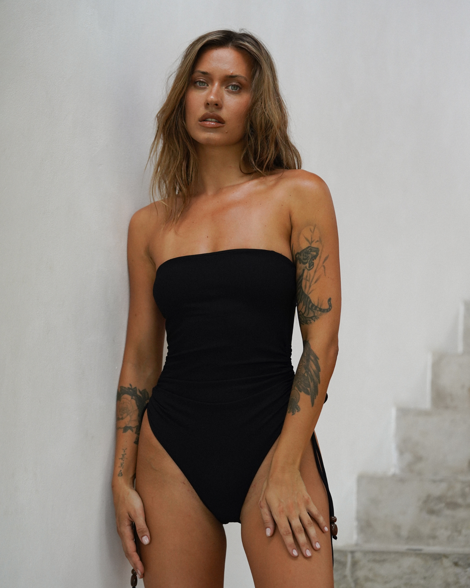 Strapless Side Tie One Piece | Black Rib