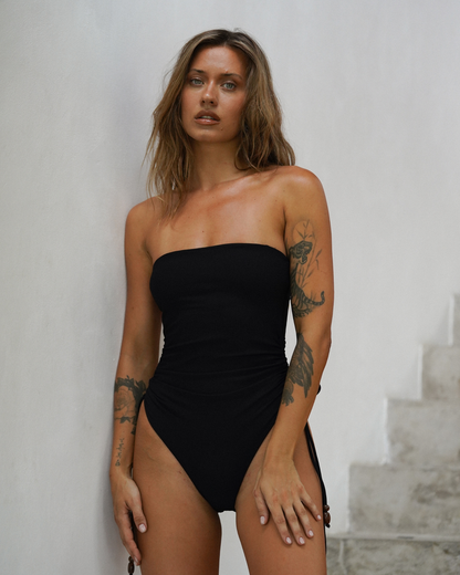 Strapless Side Tie One Piece | Black Rib
