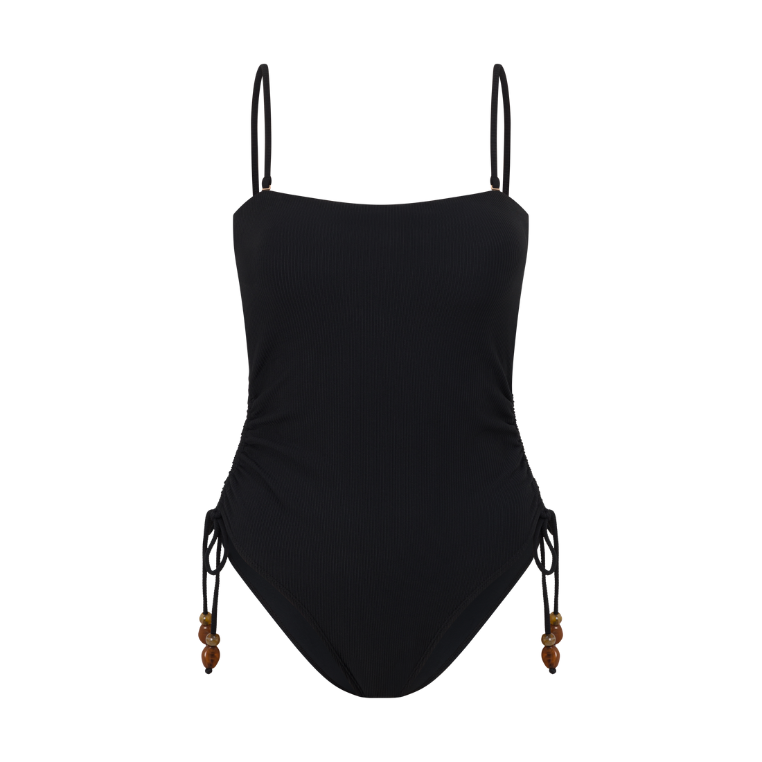 Women’s ribbed one piece in black with side tie beads – swimwear