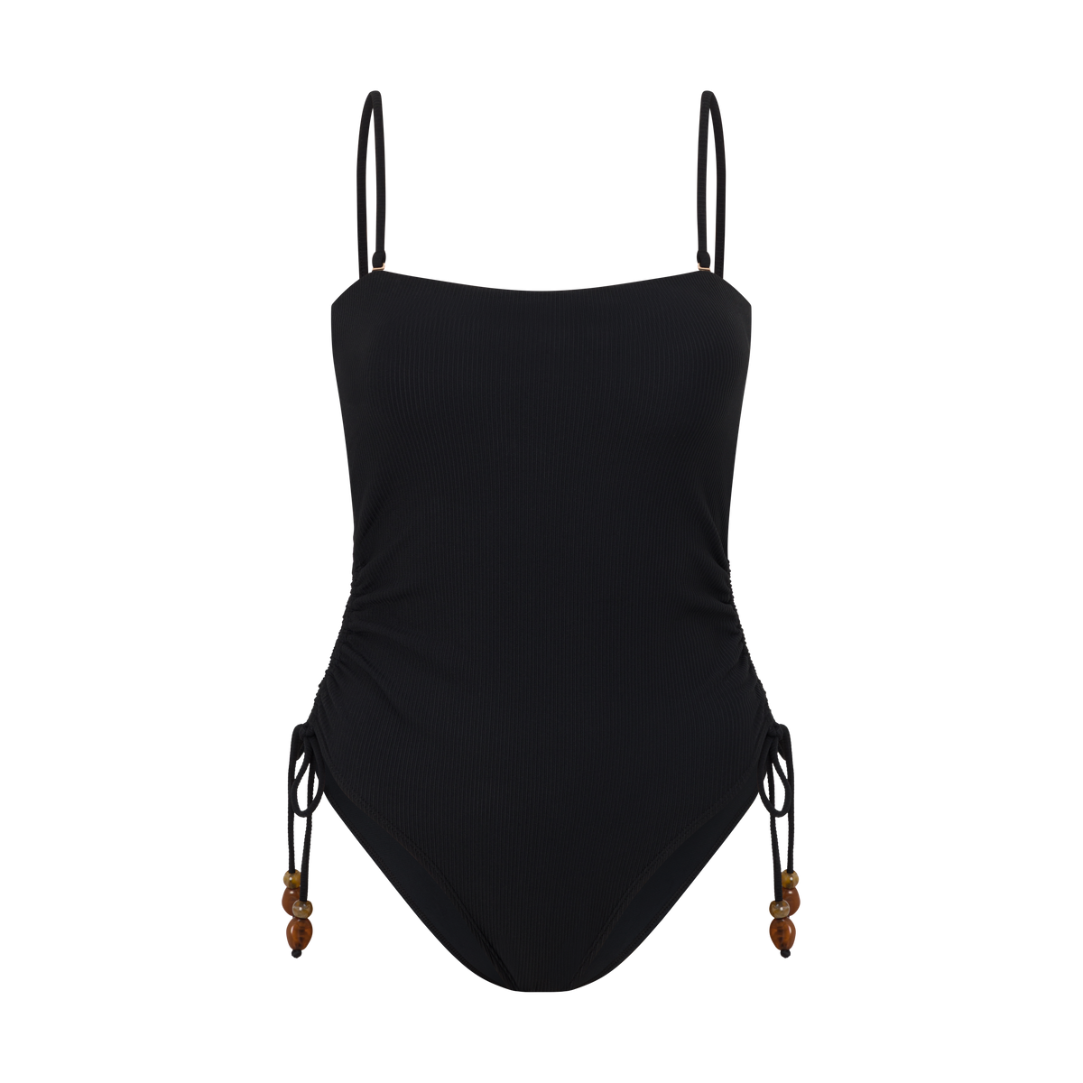 Women’s ribbed one piece in black with side tie beads – swimwear