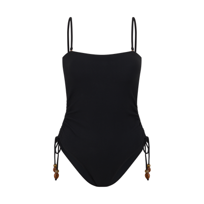 Women’s ribbed one piece in black with side tie beads – swimwear