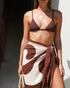 Chocolate brown ribbed string triangle bikini top with gold hardware and beaded T-back detail, available in sizes 8–22.