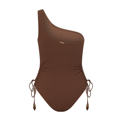 Women’s one shoulder swimsuit in choc rib fabric, medium coverage with contouring ruching detail back