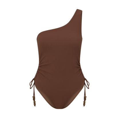 Women’s one shoulder swimsuit in choc rib fabric, medium coverage with contouring ruching detail.
