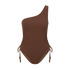 Women’s one shoulder swimsuit in choc rib fabric, medium coverage with contouring ruching detail.