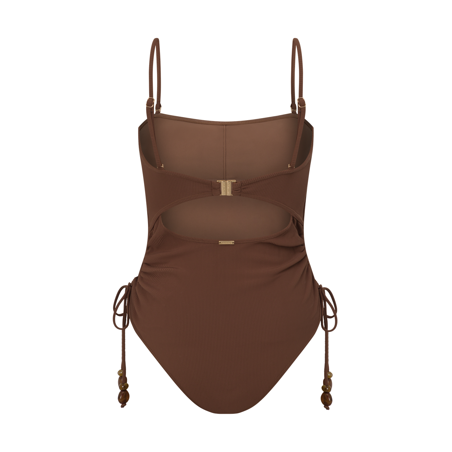 Women’s ribbed one piece in dark brown with flattering ruched sides, side ties, and curve-hugging fit.
