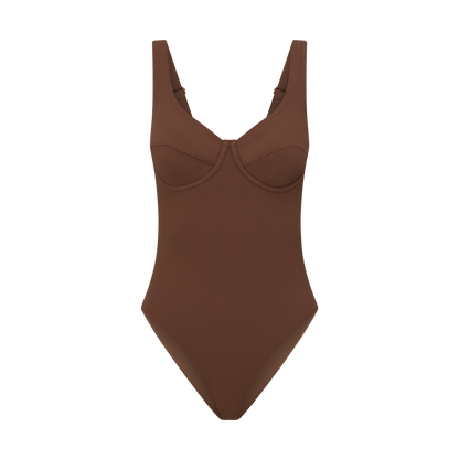 Inclusive size ribbed underwire swimsuit in dark chocolate brown, wide straps for comfort and lift.