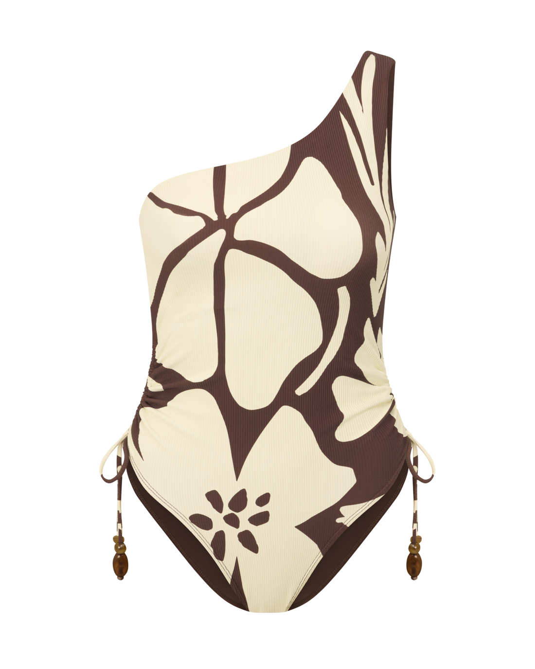 One shoulder floral print one piece swimsuit in chocolate and cream with ruched side ties and high-cut leg.
