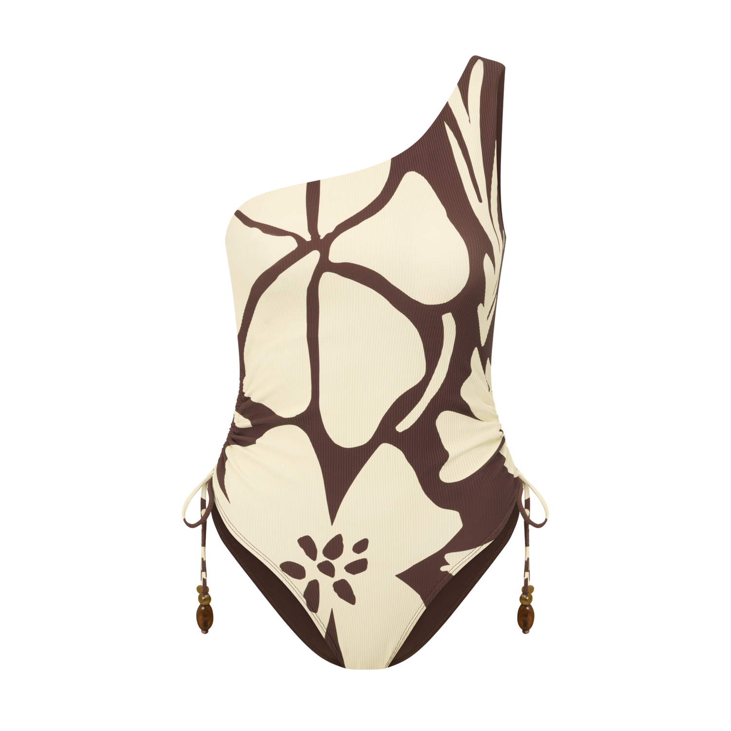 One shoulder floral print one piece swimsuit in chocolate and cream with ruched side ties and high-cut leg.