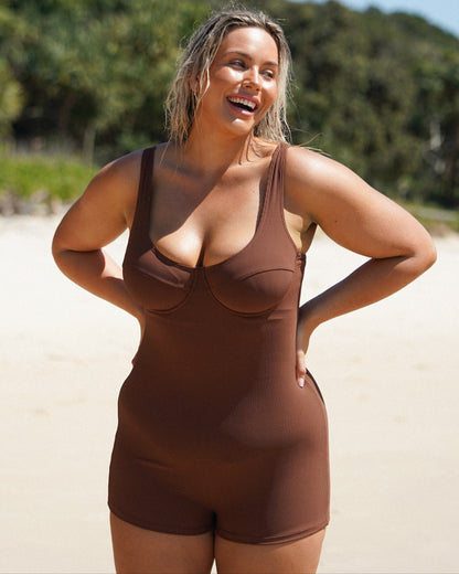 Brown ribbed one piece swimsuit with shorts bottom – Ochre Lane swim