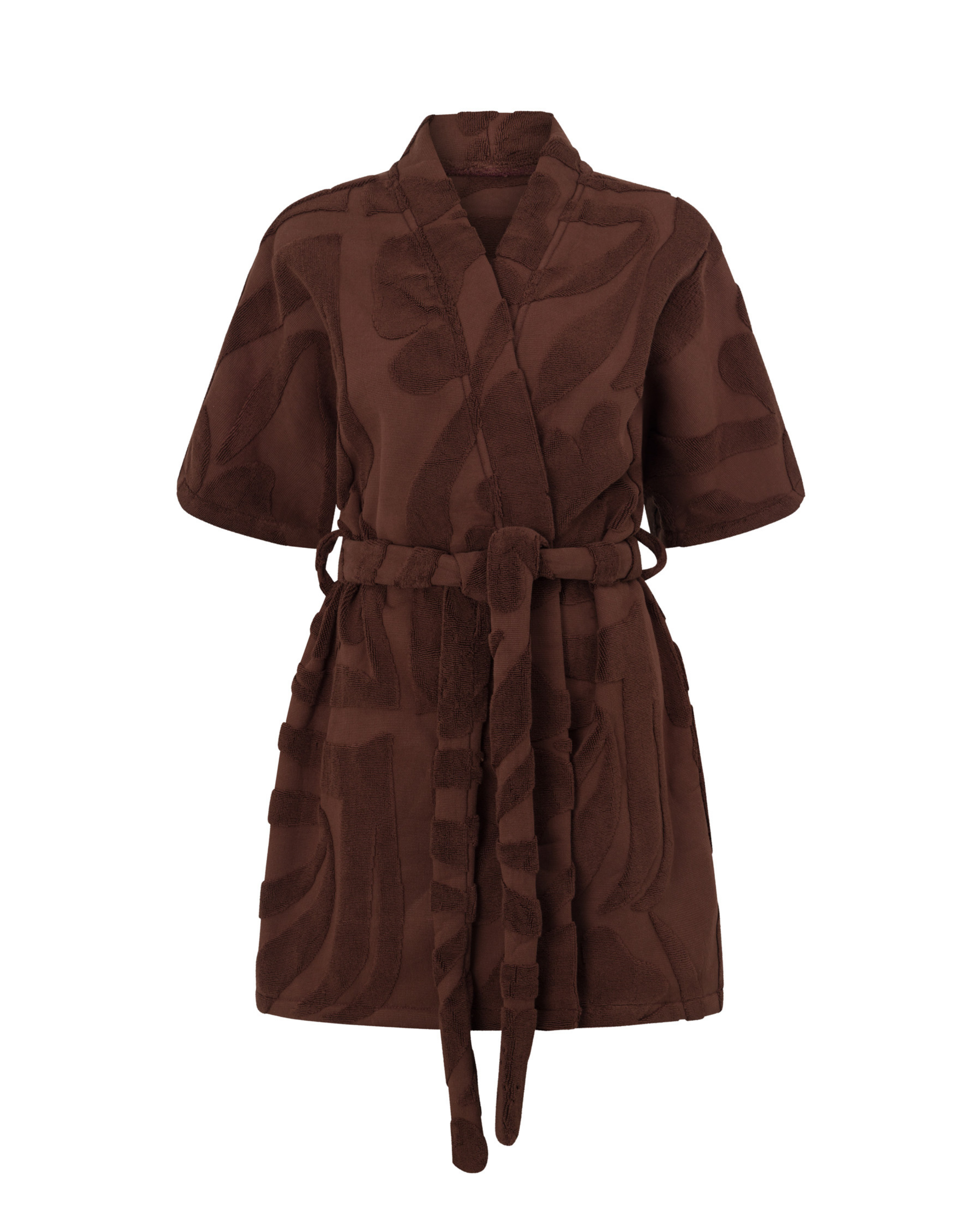 Chocolate brown cotton towelling robe with wrap front, waist tie, and wide sleeves for luxury resort style.
