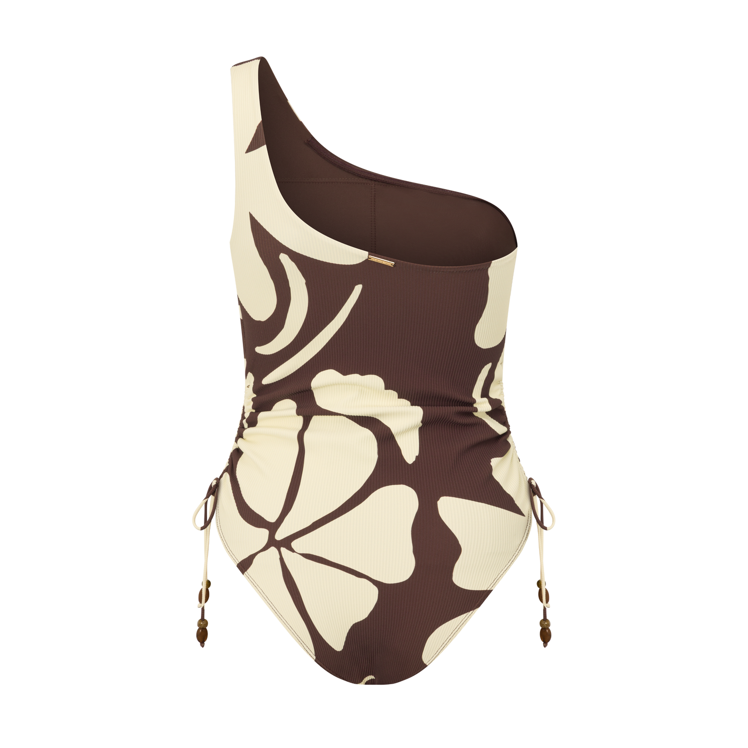 One shoulder floral print one piece swimsuit in chocolate and cream with ruched side ties and high-cut leg (BACK)