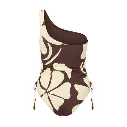 One shoulder floral print one piece swimsuit in chocolate and cream with ruched side ties and high-cut leg (BACK)